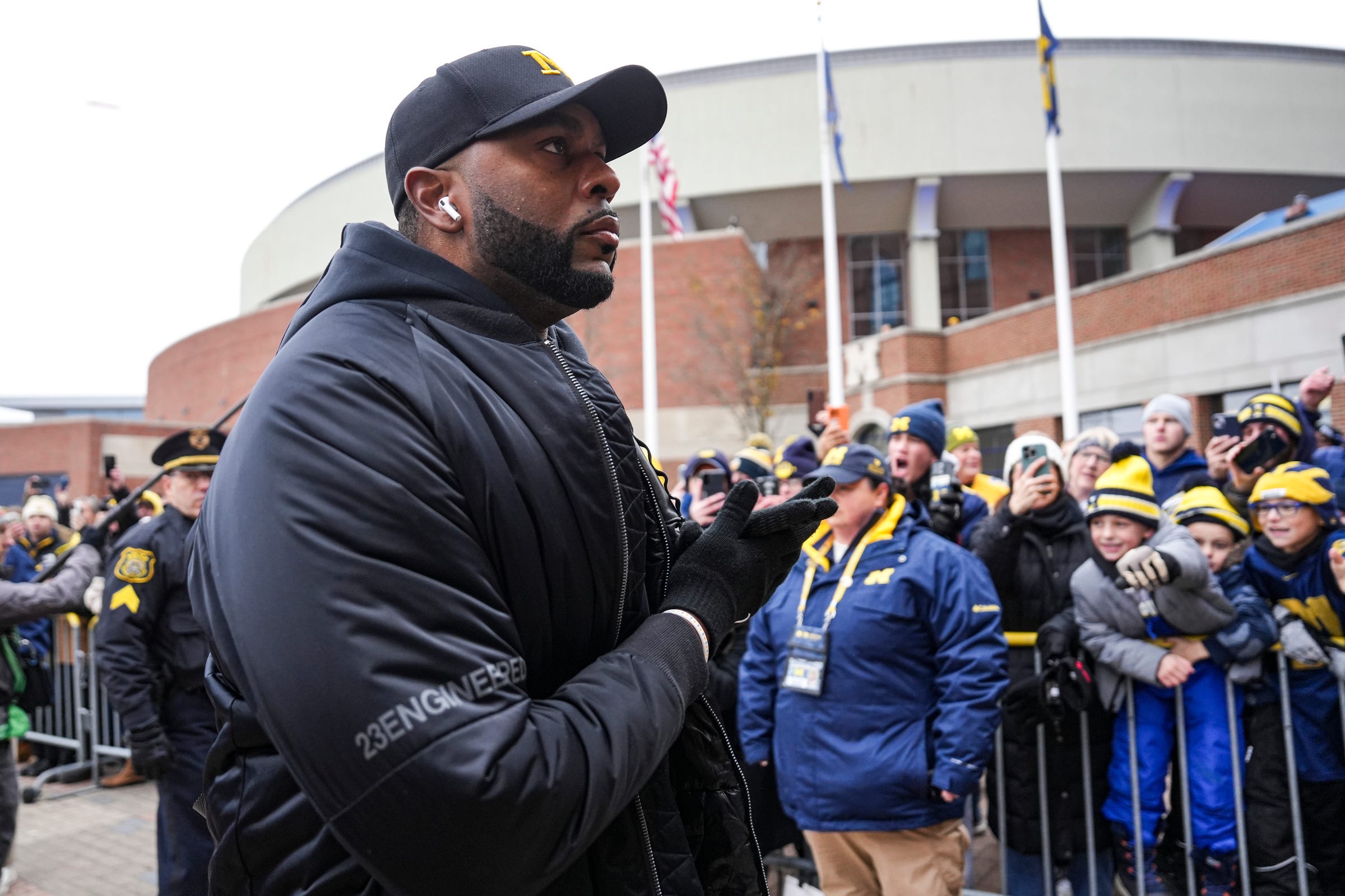 Michigan head coach Sherrone Moore arrives at Michigan Stadium in Ann Arbor ahead of the Ohio State game on Saturday, Nov. 29, 2025.