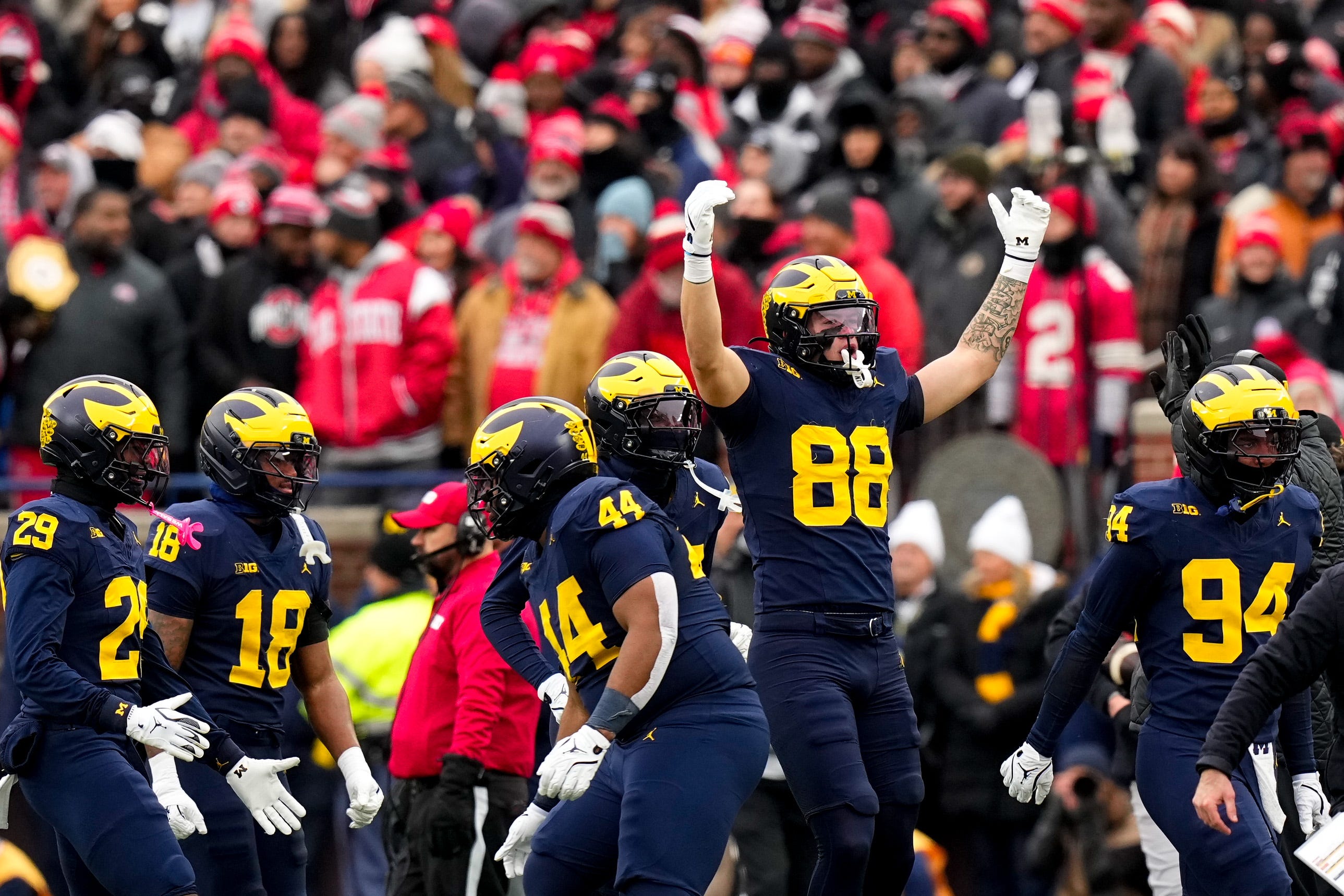 Michigan Wolverines defensive end Lugard Edokpayi (88)n celebrates in the first half of the NCAA football game at Michigan Stadium on Saturday, Nov. 29, 2025 in Ann Arbor, Michigan.