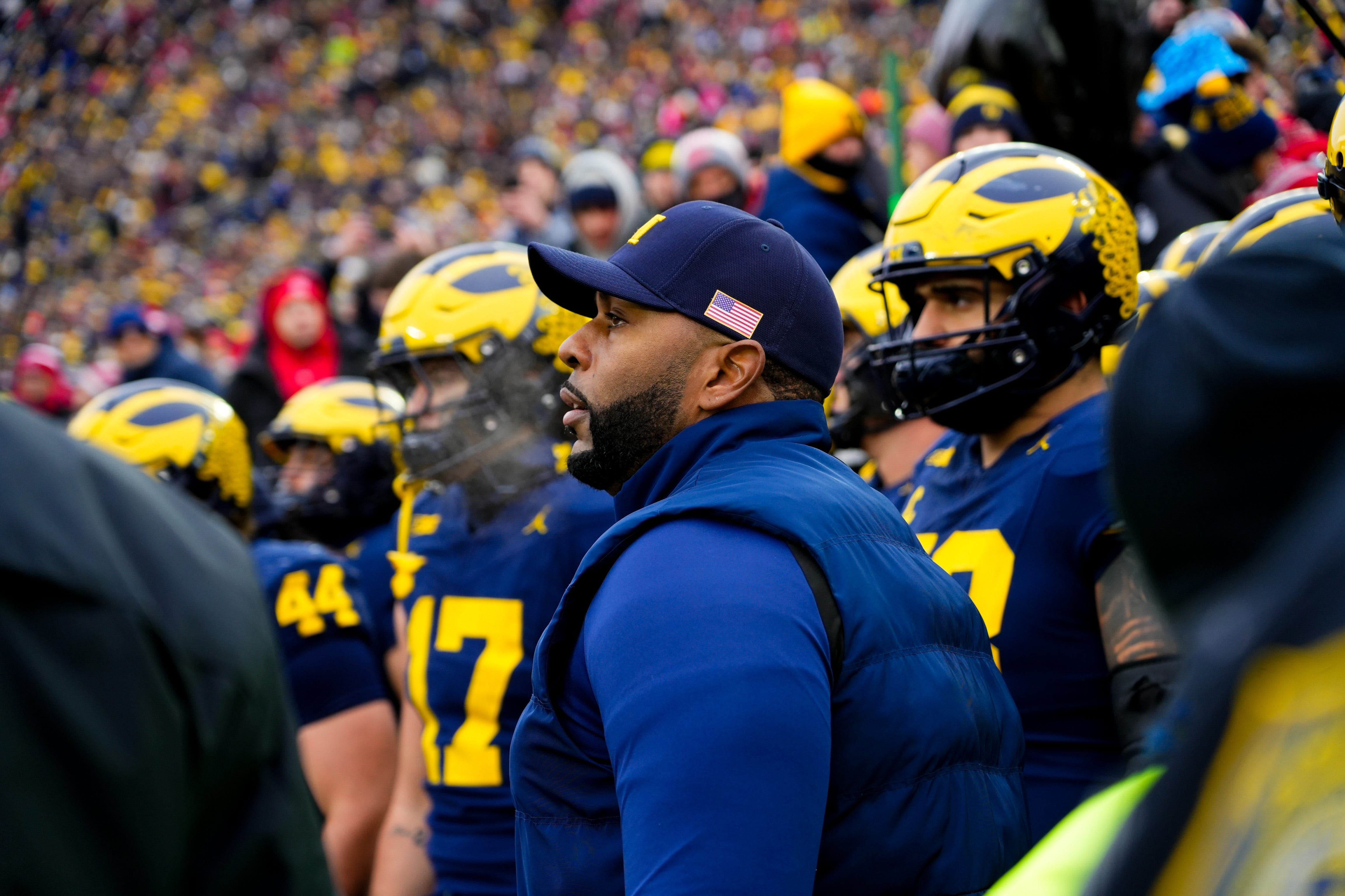 Michigan Wolverines head coach Sherrone Moore prepares to take the field before the the NCAA football game against the Ohio State Buckeyes at Michigan Stadium on Saturday, Nov. 29, 2025 in Ann Arbor, Michigan.