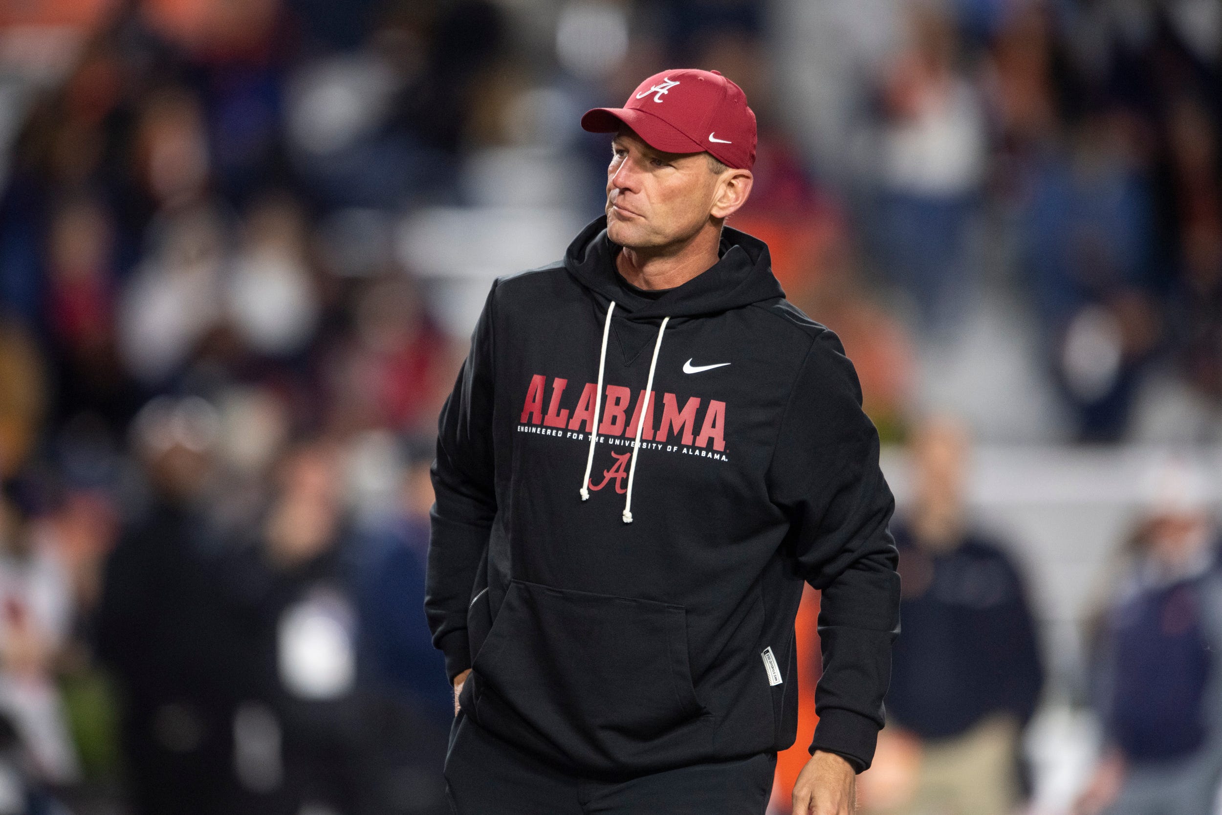 Alabama Crimson Tide head coach Kalen DeBoer watches on during warm ups before Auburn Tigers take on Alabama Crimson Tide at Jordan-Hare Stadium in Auburn, Ala. on Saturday, Nov. 29, 2025.