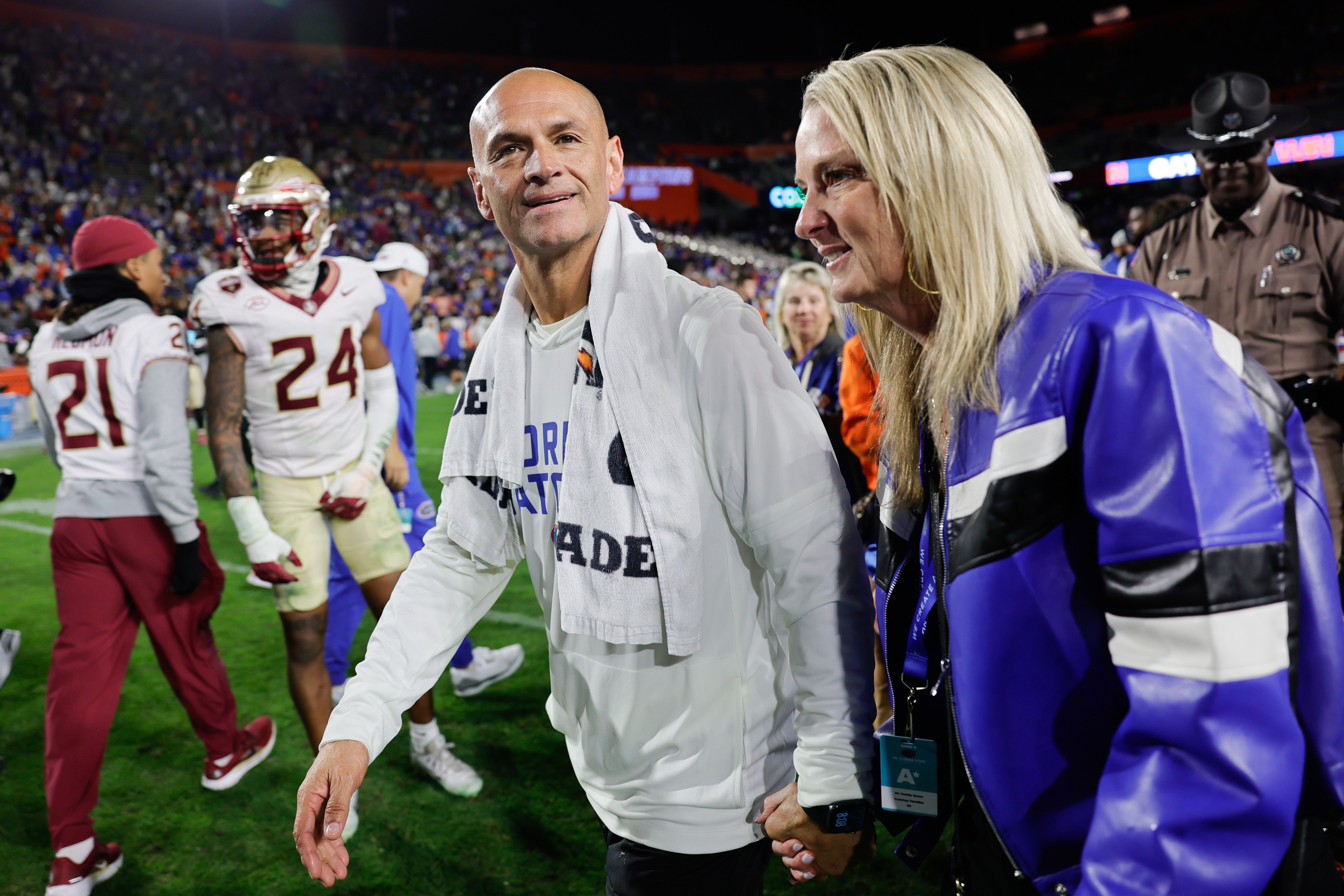 Nov 29, 2025; Gainesville, Florida, USA; Florida Gators interim head coach Billy Gonzales celebrates his team’s victory against the Florida State Seminoles Ben Hill Griffin Stadium.