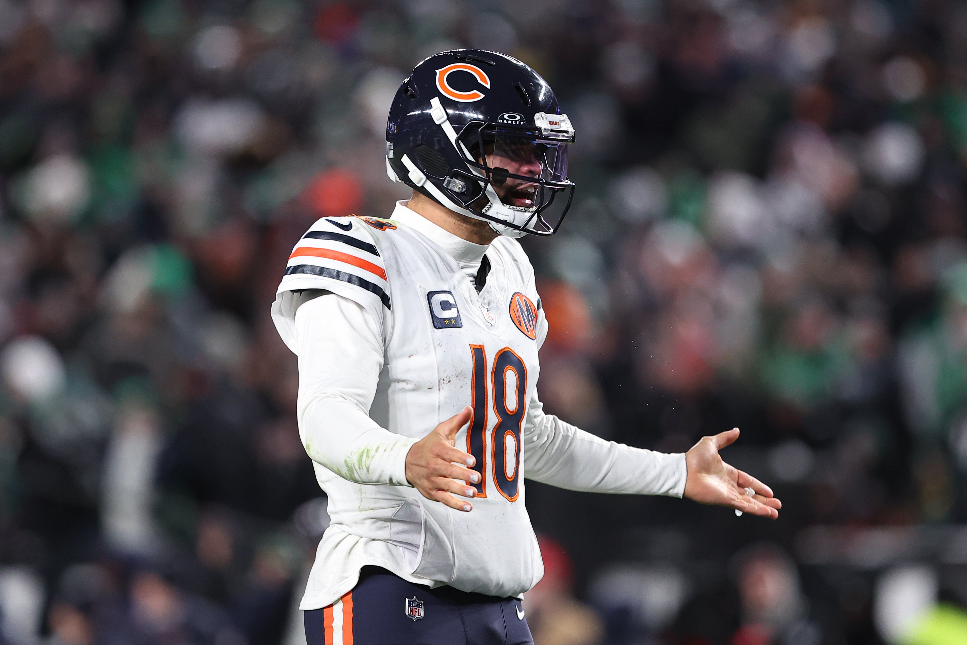 Nov 28, 2025; Philadelphia, Pennsylvania, USA; Chicago Bears quarterback Caleb Williams (18) reacts to a score against the Philadelphia Eagles at Lincoln Financial Field.