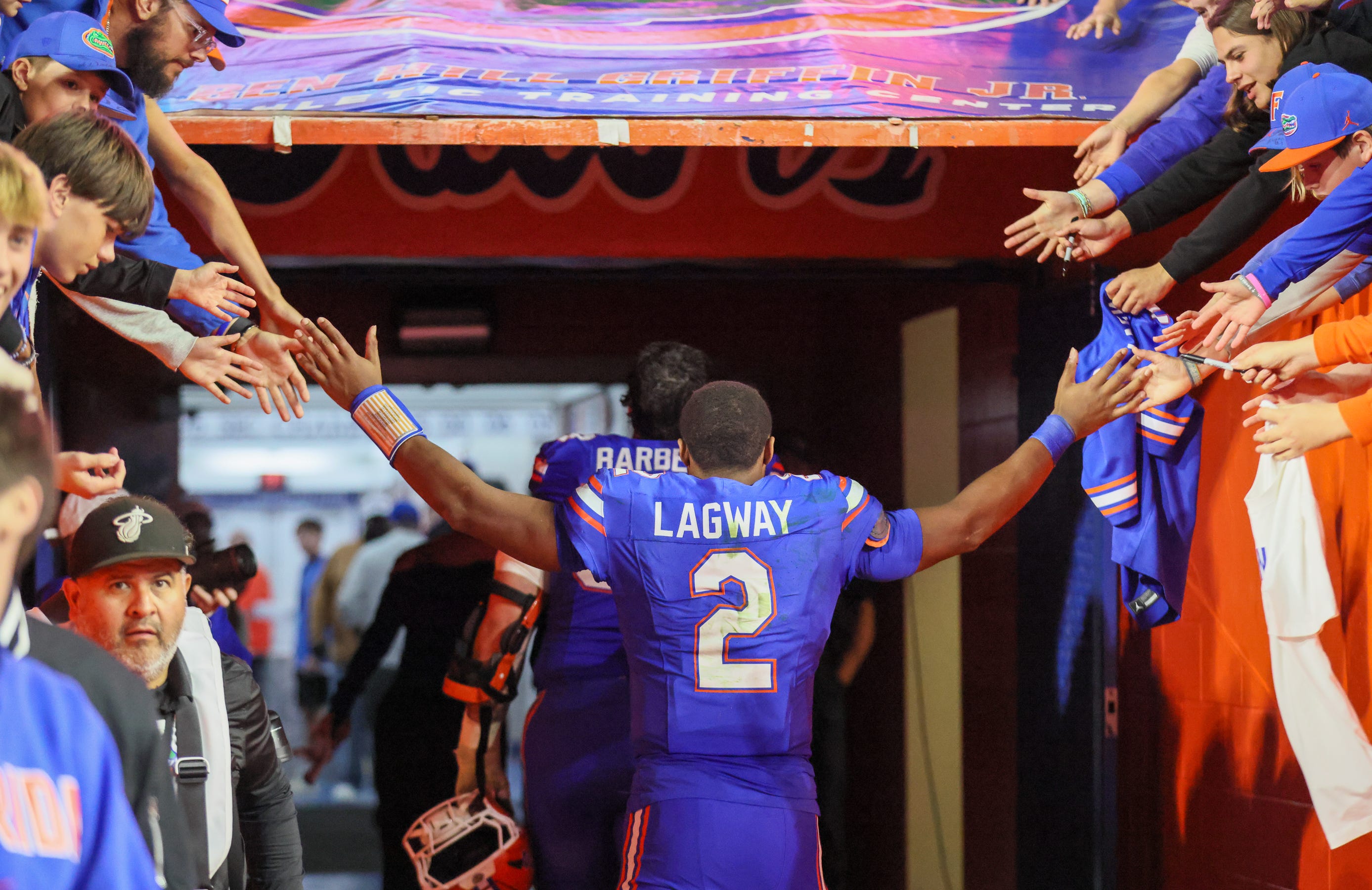 Florida quarterback DJ Lagway (2) leaves the field after beating Florida State 40-21 during an NCAA football game at Steve Spurrier Field at Ben Hill Griffin Stadium in Gainesville, FL on Saturday, November 29, Florida beat Florida State 40-21.2025. Alan Youngblood/Gainesville Sun