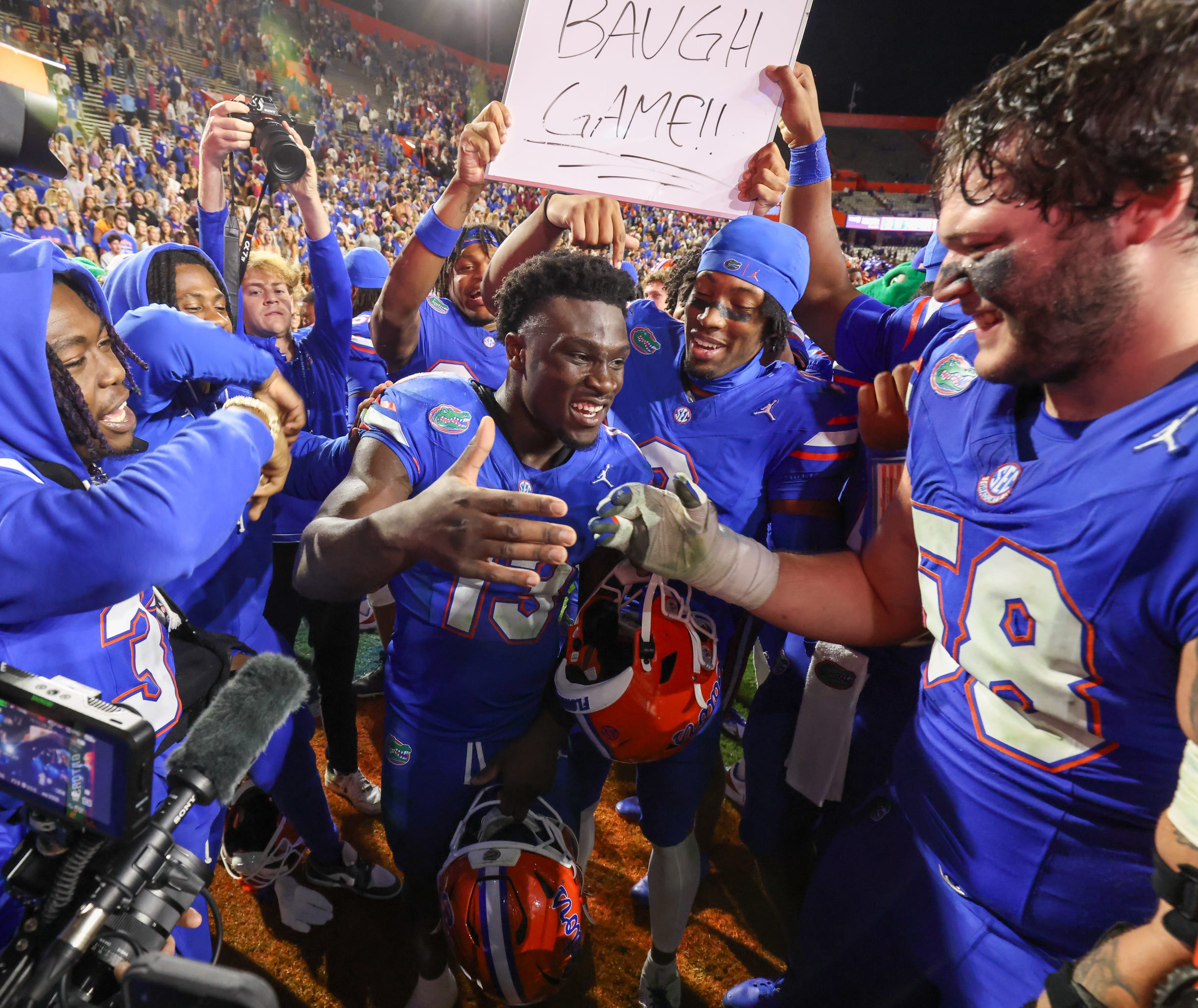 Florida running back Jadan Baugh (13) celebrates after beating Florida State 40-21 during an NCAA football game at Steve Spurrier Field at Ben Hill Griffin Stadium in Gainesville, FL on Saturday, November 29, Florida beat Florida State 40-21.2025. Alan Youngblood/Gainesville Sun