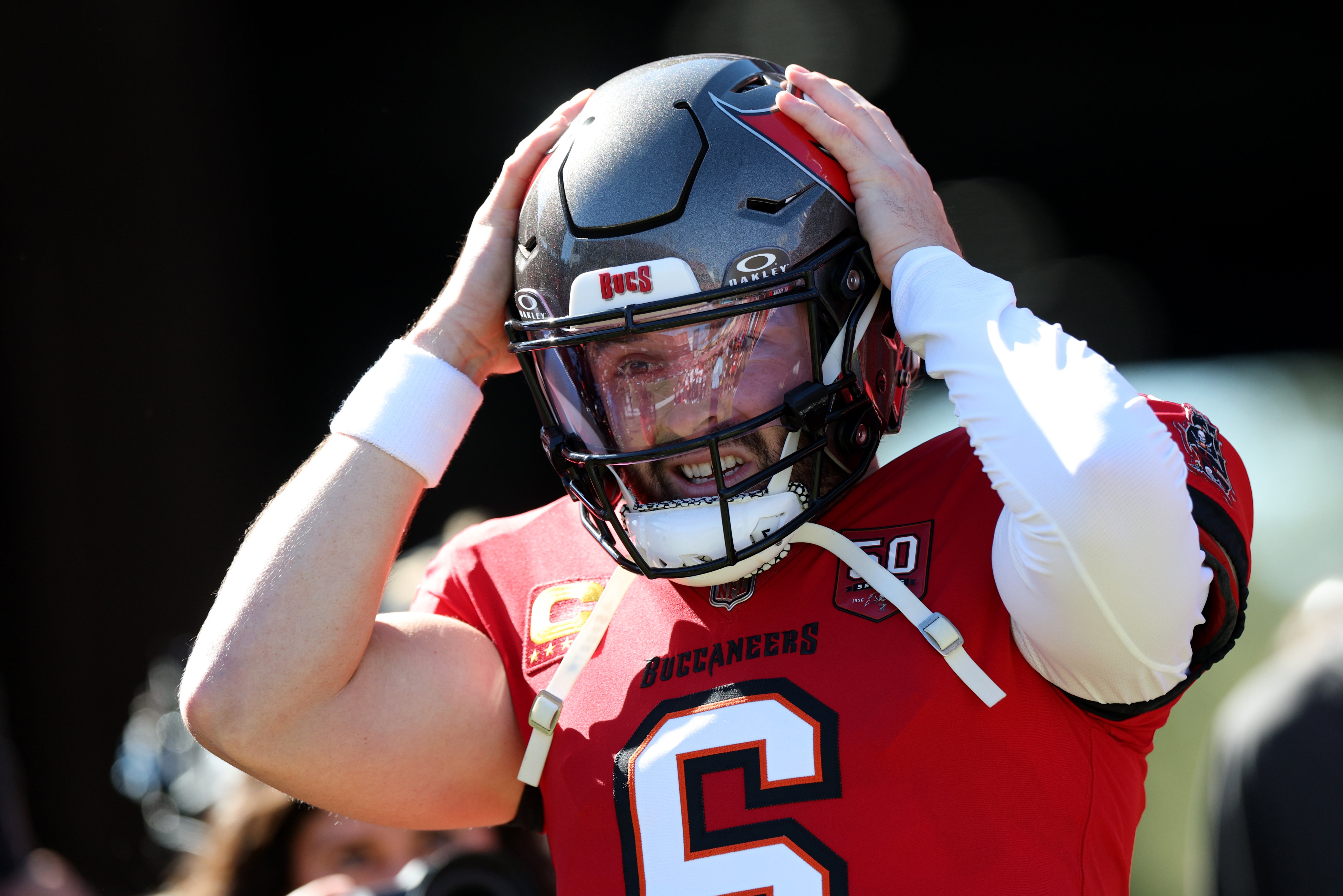 Nov 30, 2025; Tampa, Florida, USA; Tampa Bay Buccaneers quarterback Baker Mayfield (6) warms up before a game against the Arizona Cardinals at Raymond James Stadium.