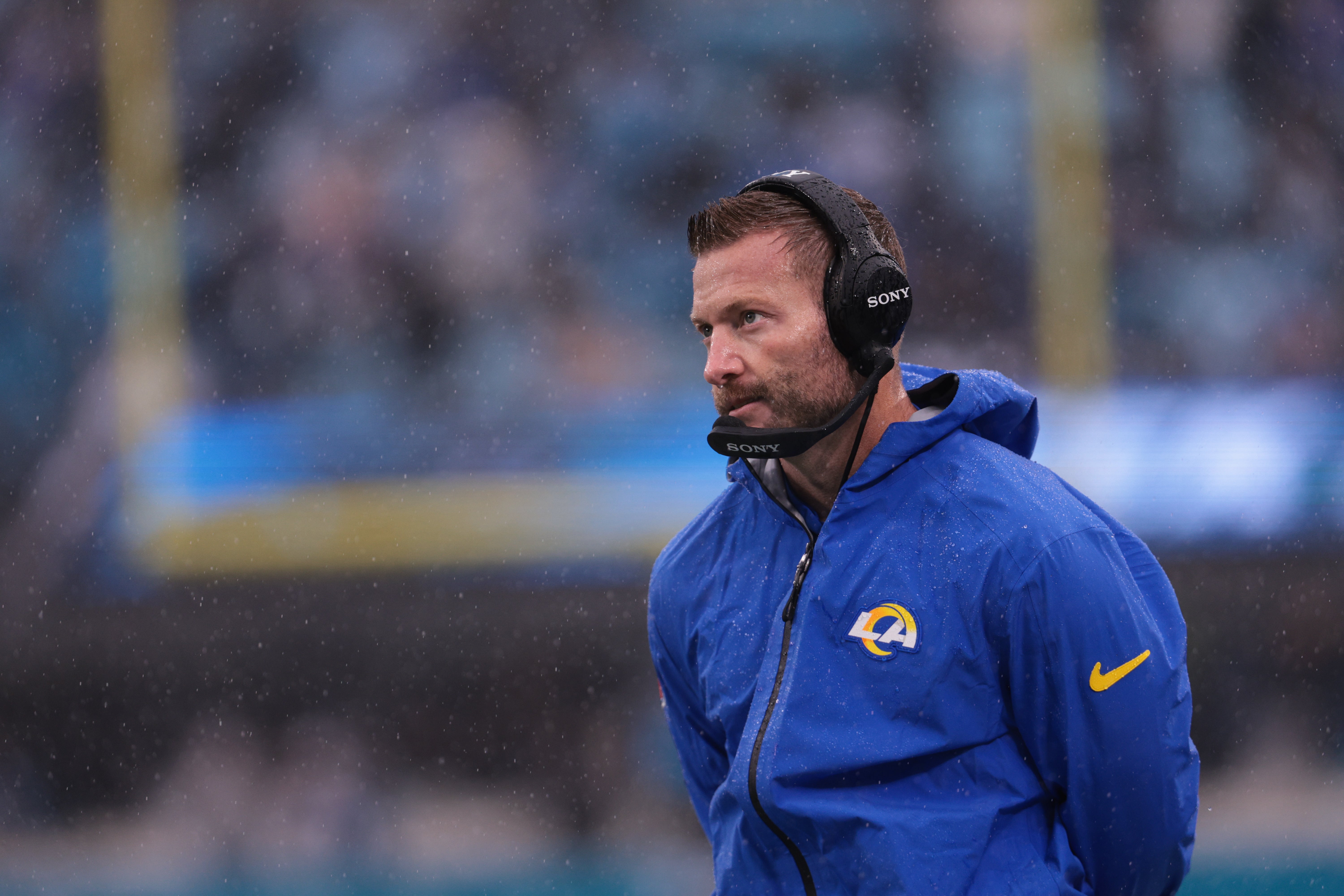 Nov 30, 2025; Charlotte, North Carolina, USA; Los Angeles Rams head coach Sean McVay looks on during the third quarter against the Carolina Panthers at Bank of America Stadium.