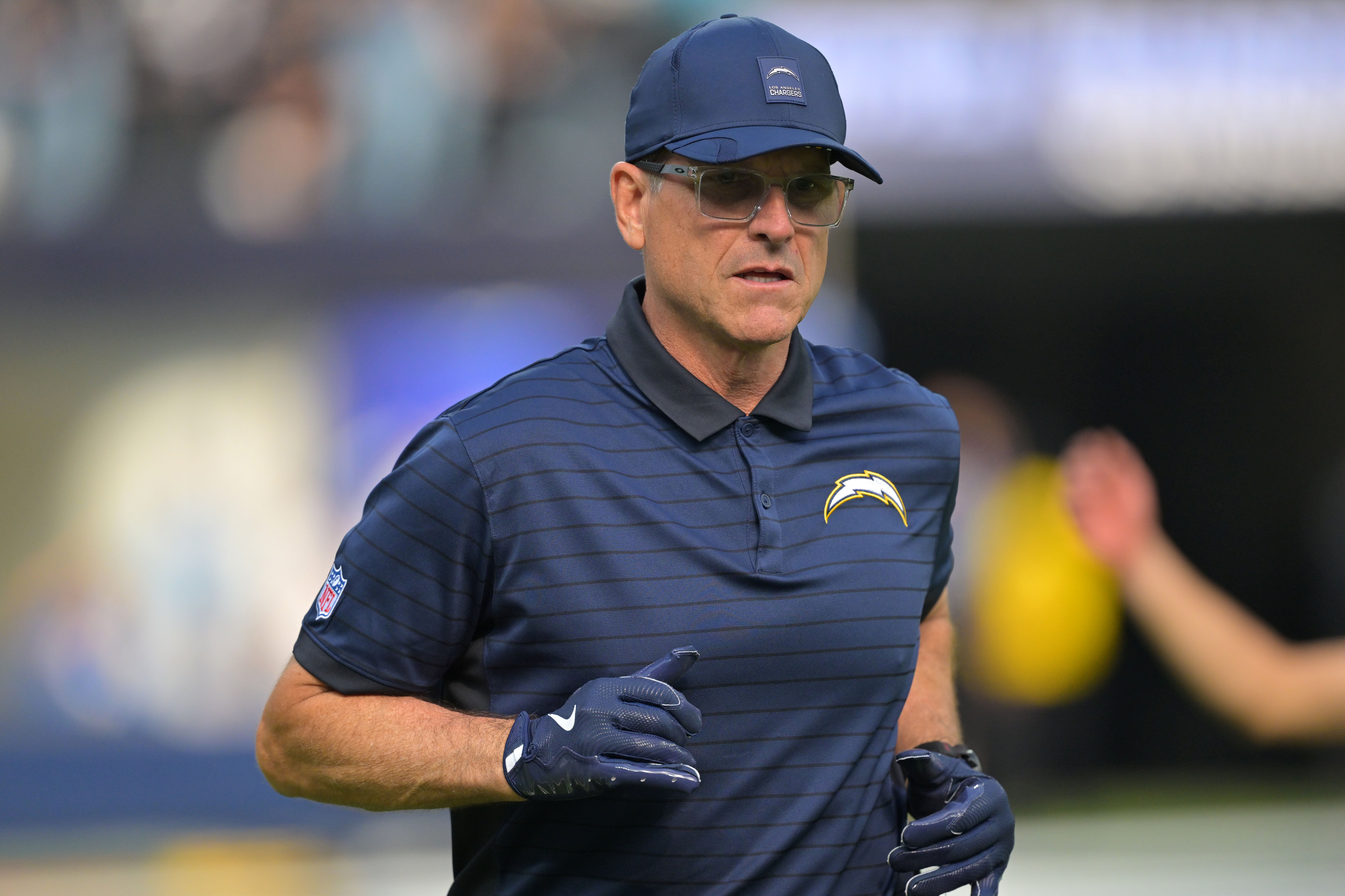 Nov 30, 2025; Inglewood, California, USA; Los Angeles Chargers head coach Jim Harbaugh before the game at SoFi Stadium.
