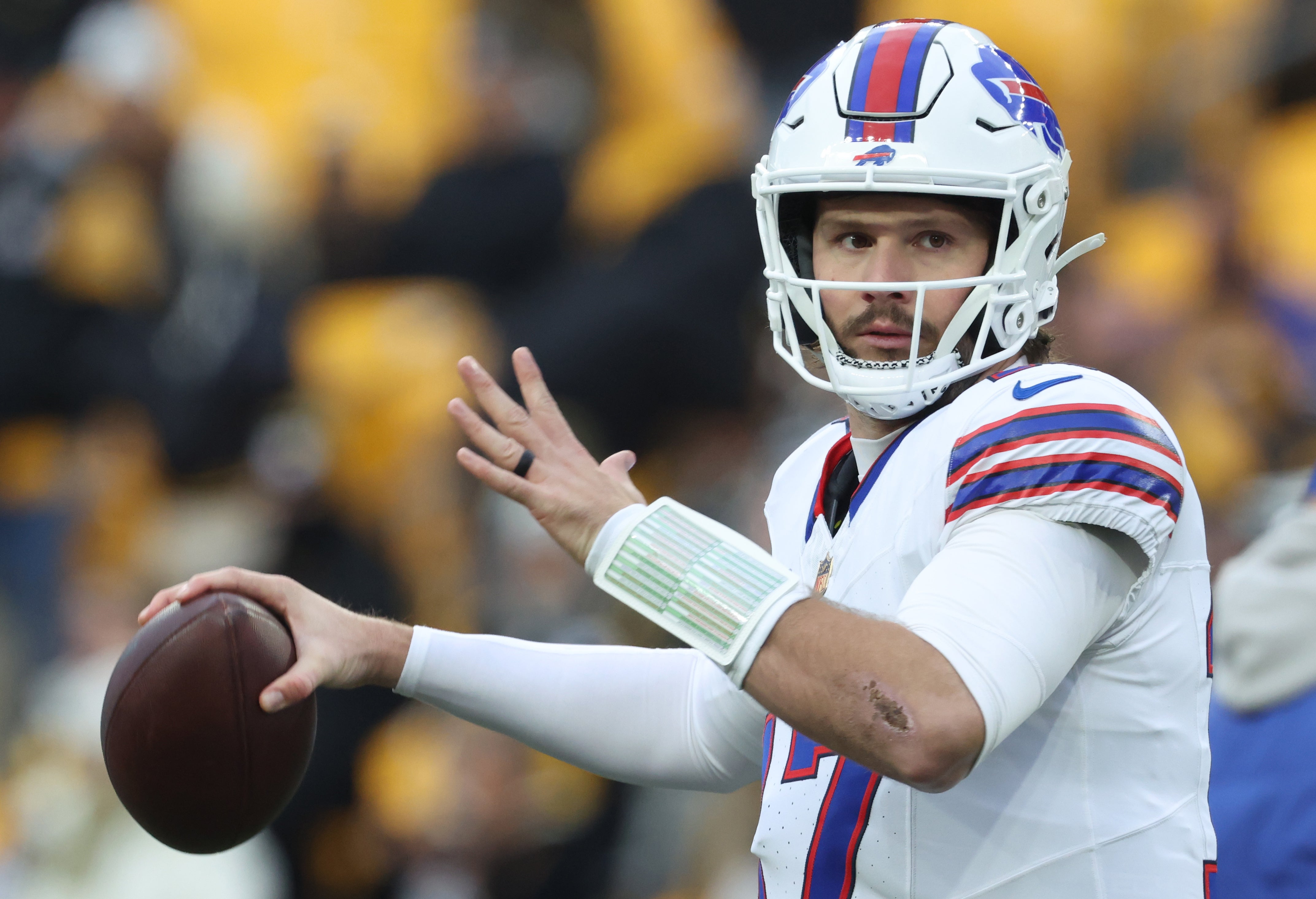 Nov 30, 2025; Pittsburgh, Pennsylvania, USA; Buffalo Bills quarterback Josh Allen (17) warms up before the game against the Pittsburgh Steelers at Acrisure Stadium.