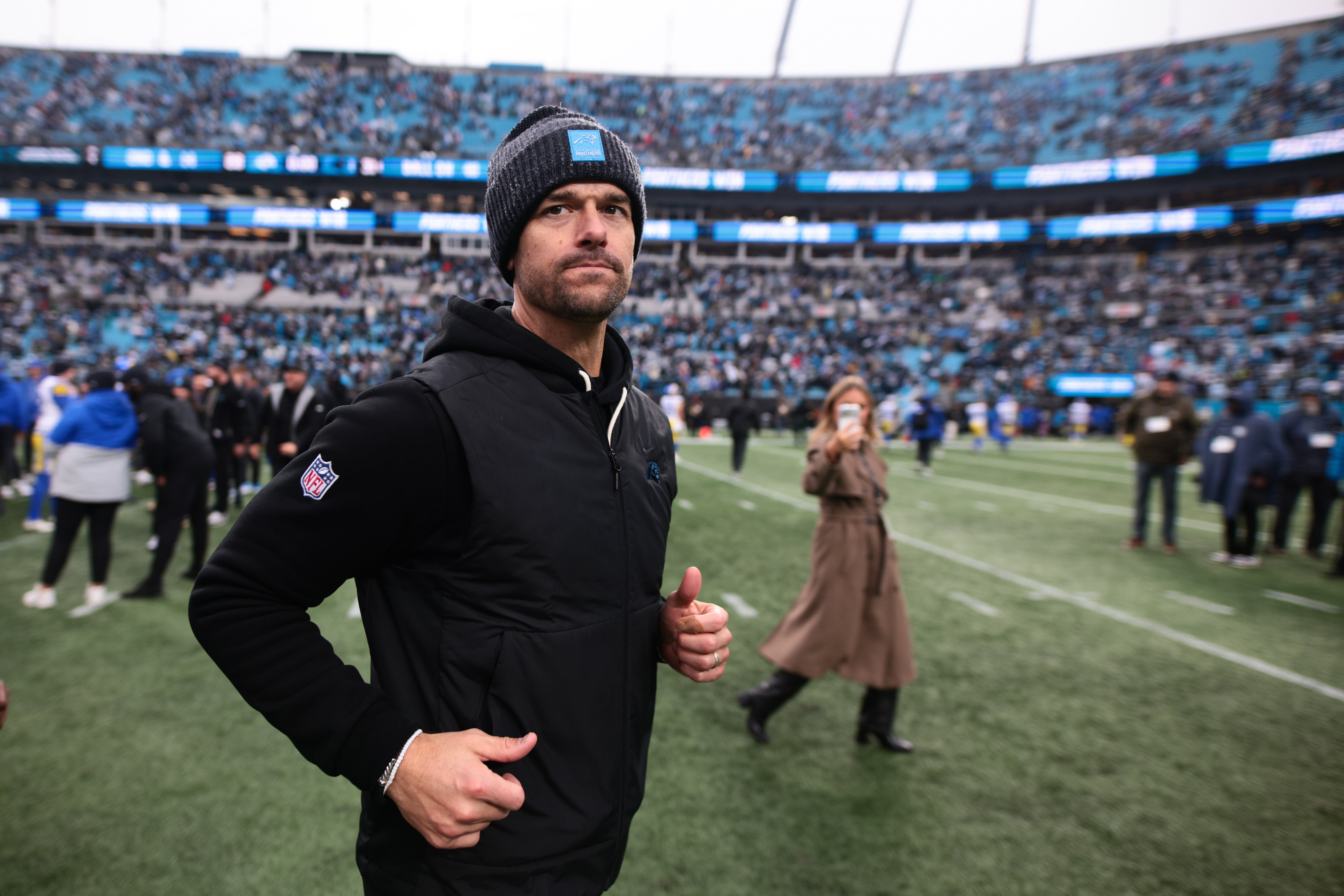 Nov 30, 2025; Charlotte, North Carolina, USA; Carolina Panthers head coach Dave Canales looks on after the game against the Los Angeles Rams at Bank of America Stadium.