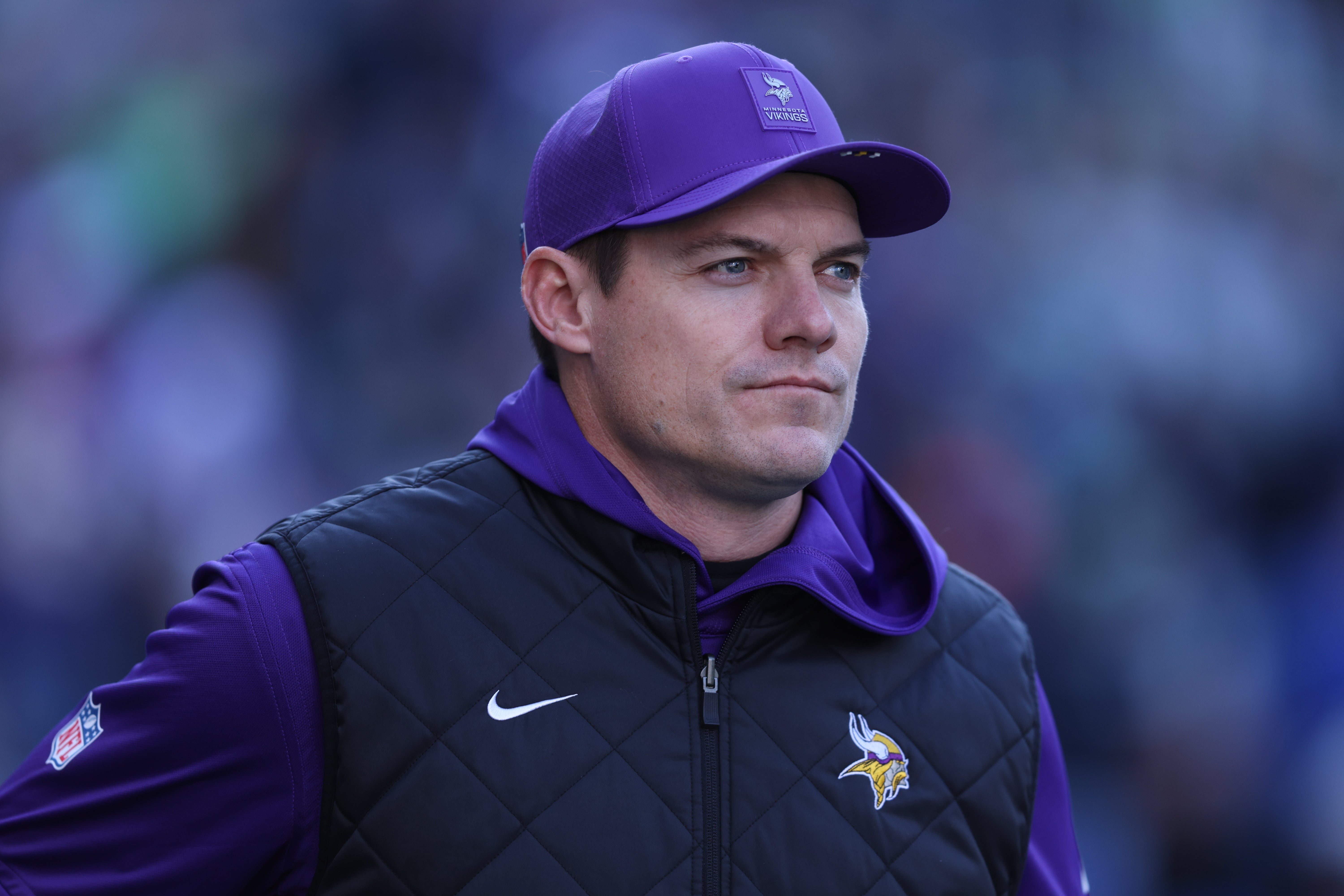 Nov 30, 2025; Seattle, Washington, USA; Minnesota Vikings head coach Kevin O'Connell looks on during warmups against the Seattle Seahawks at Lumen Field.
