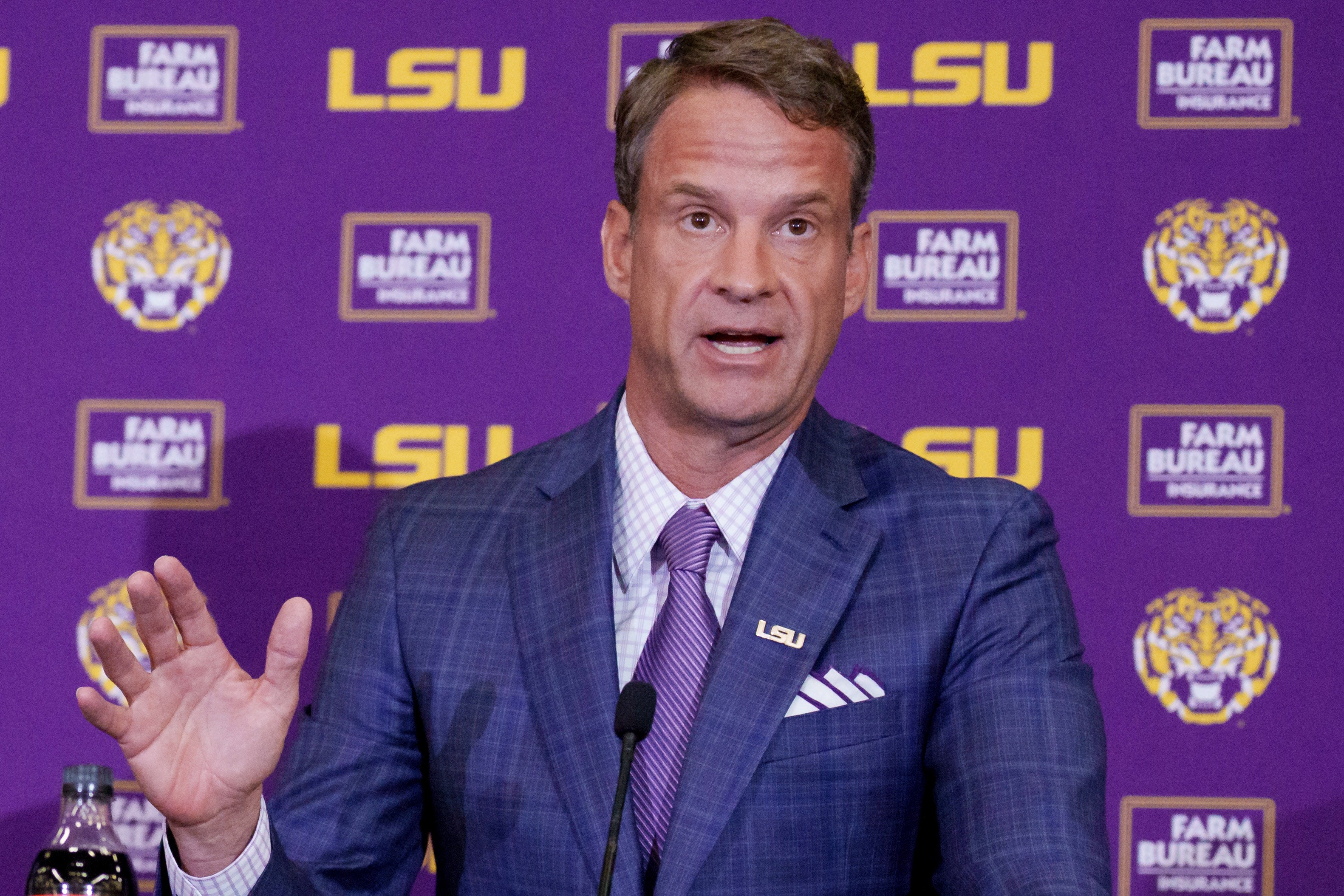 Dec 1, 2025; Baton Rouge, LA, USA; LSU new head coach Lane Kiffin speaks at South Stadium Club at Tiger Stadium.