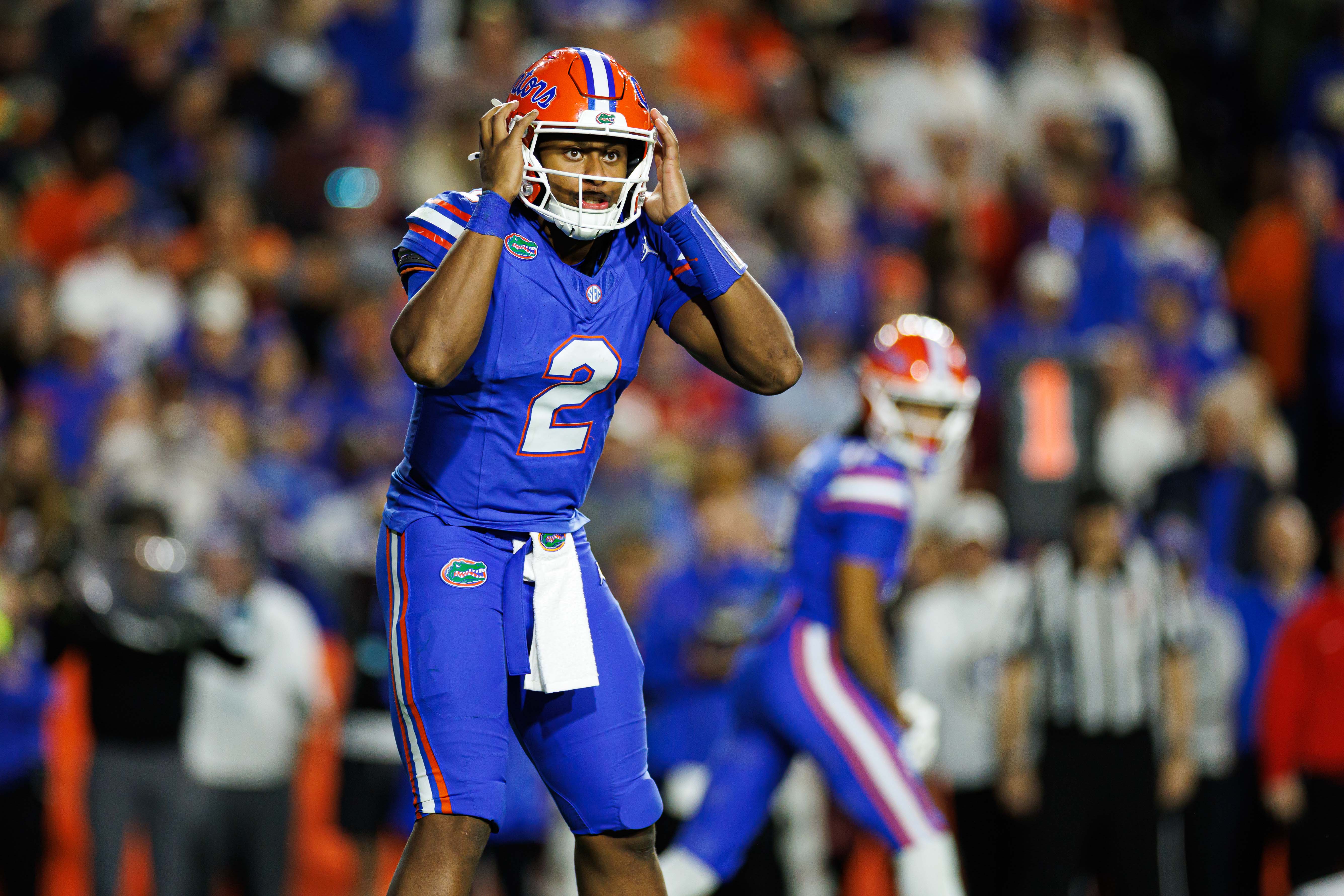 Nov 29, 2025; Gainesville, Florida, USA; Florida Gators quarterback DJ Lagway (2) gestures before the snap against the Florida State Seminoles during the second half at Ben Hill Griffin Stadium.