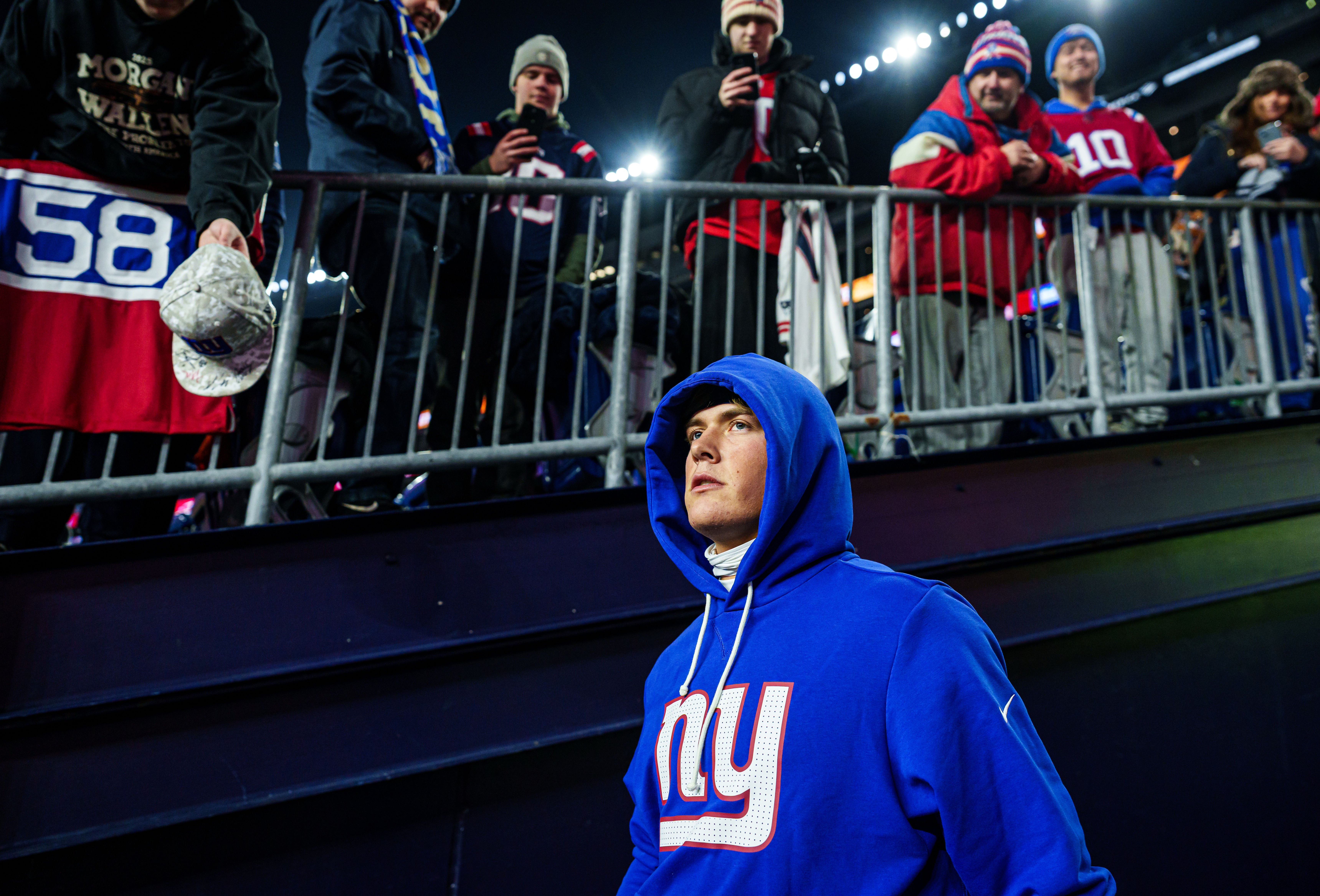 Dec 1, 2025; Foxborough, Massachusetts, USA; New York Giants quarterback Jaxson Dart (6) walks onto the field prior to the game against the New England Patriots at Gillette Stadium.