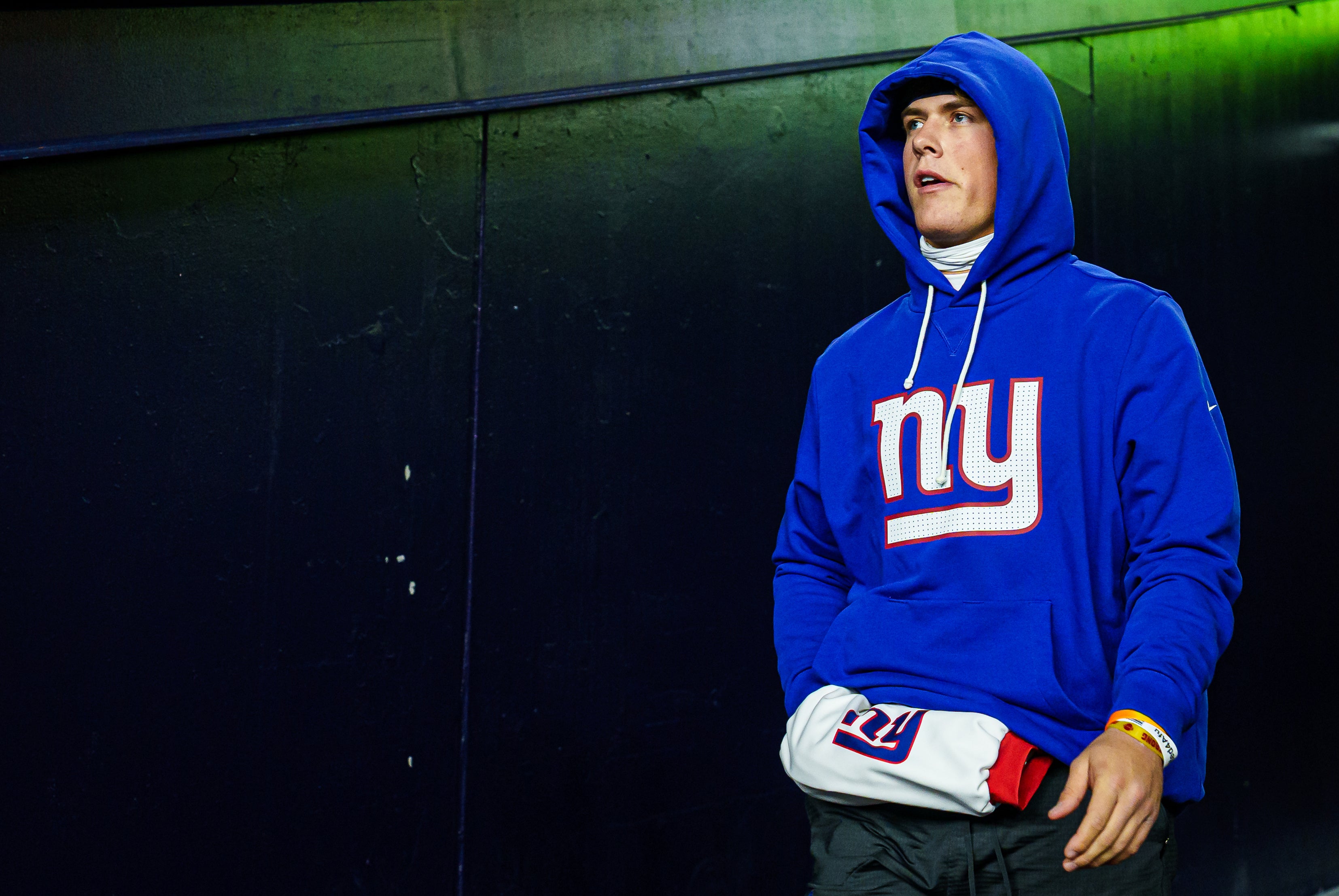 Dec 1, 2025; Foxborough, Massachusetts, USA; New York Giants quarterback Jaxson Dart (6) walks onto the field prior to the game against the New England Patriots at Gillette Stadium.