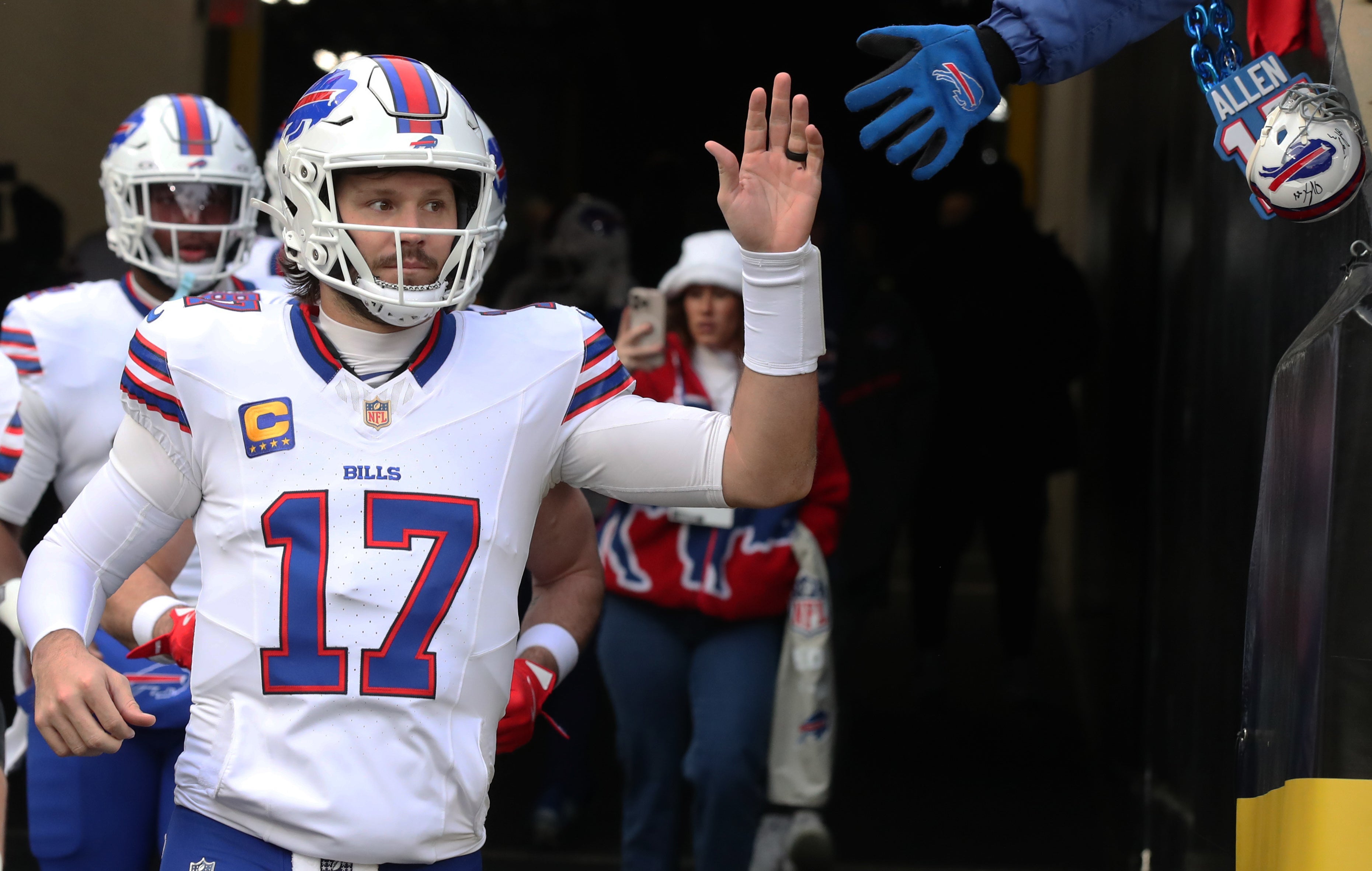 Nov 30, 2025; Pittsburgh, Pennsylvania, USA; Buffalo Bills quarterback Josh Allen (17) takes the field against the Pittsburgh Steelers at Acrisure Stadium.
