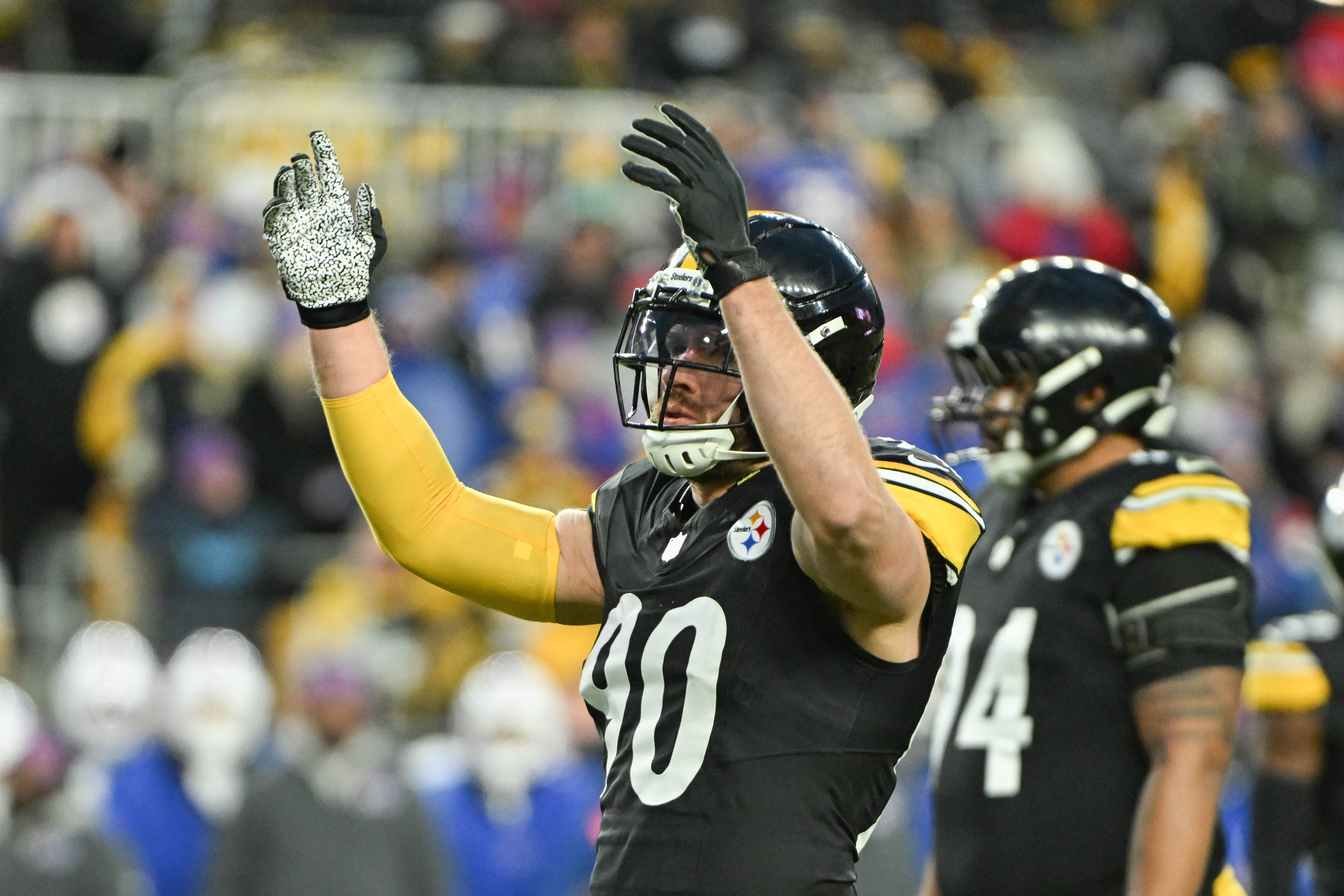 Nov 30, 2025; Pittsburgh, Pennsylvania, USA; Pittsburgh Steelers linebacker T.J. Watt (90) reacts against the Buffalo Bills during the first half at Acrisure Stadium.