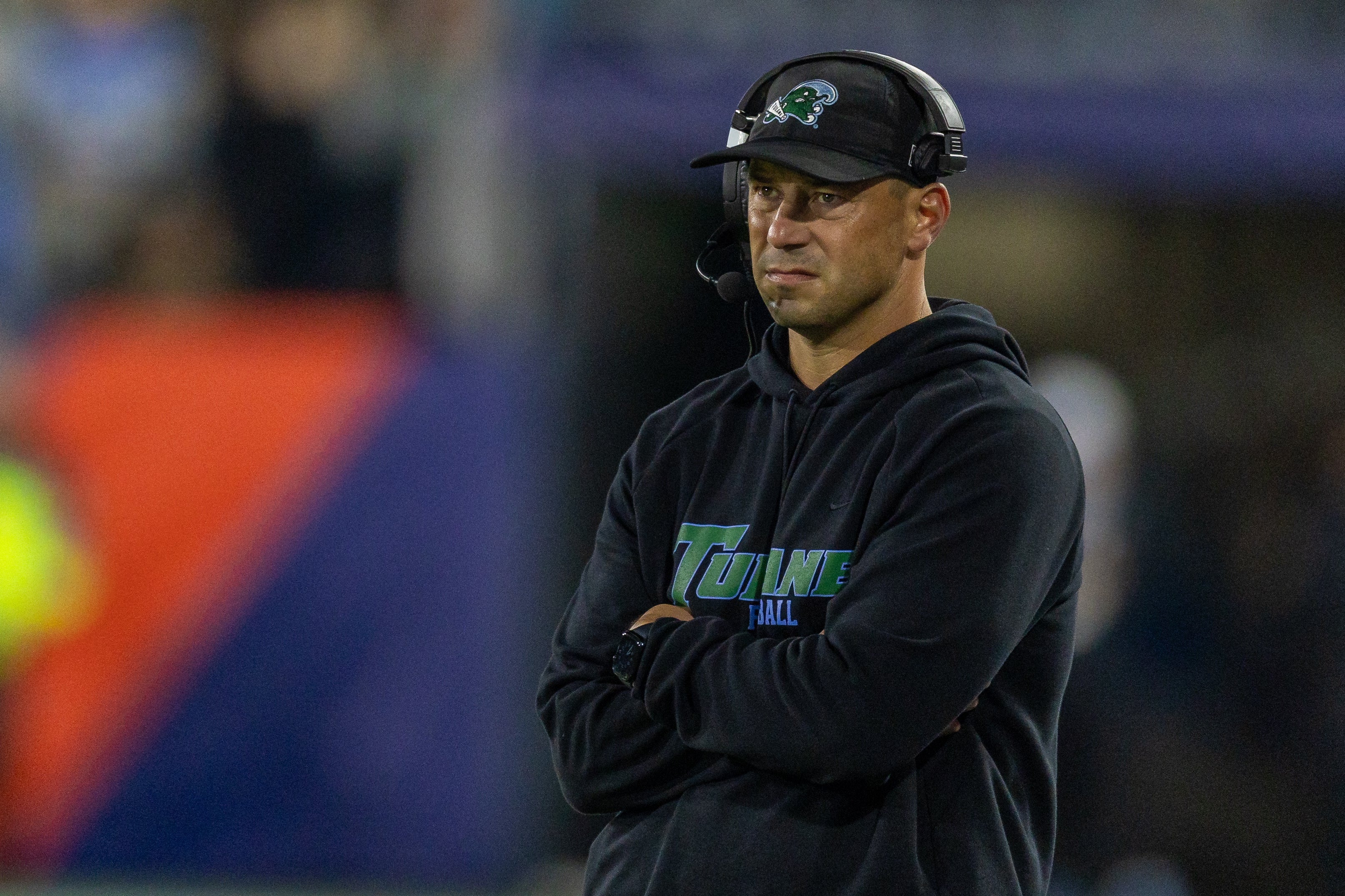 Dec 5, 2025; New Orleans, LA, USA; Tulane Green Wave head coach Jon Sumrall looks on against the North Texas Mean Green during the first half in the 2025 American Championship at Yulman Stadium.