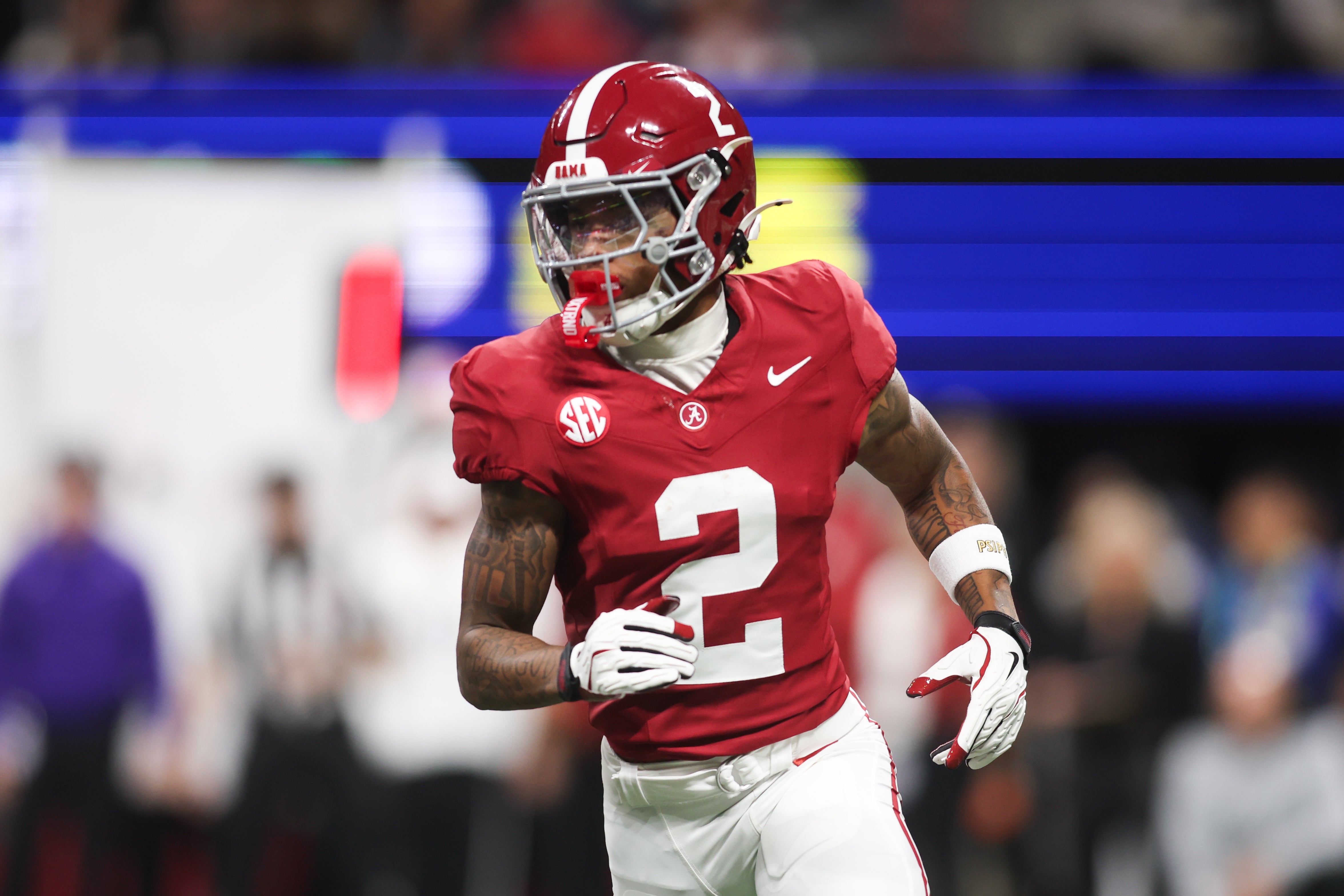 Dec 6, 2025; Atlanta, GA, USA; Alabama Crimson Tide wide receiver Ryan Williams (2) looks on during the first quarter against the Georgia Bulldogs during the 2025 SEC Championship game at Mercedes-Benz Stadium.