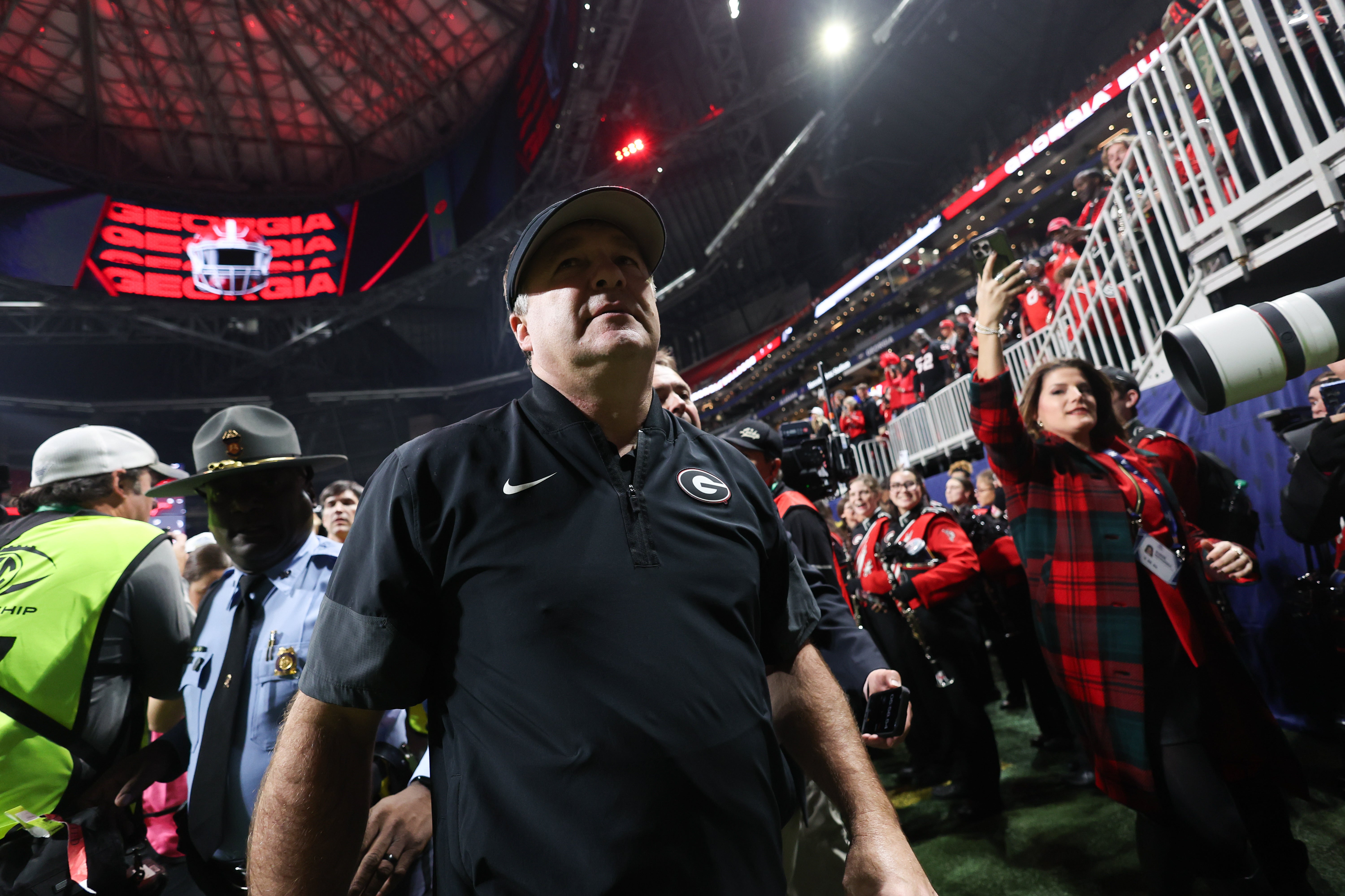 Dec 6, 2025; Atlanta, GA, USA; Georgia Bulldogs head coach Kirby Smart looks on after the game against the Alabama Crimson Tide during the 2025 SEC Championship game at Mercedes-Benz Stadium.