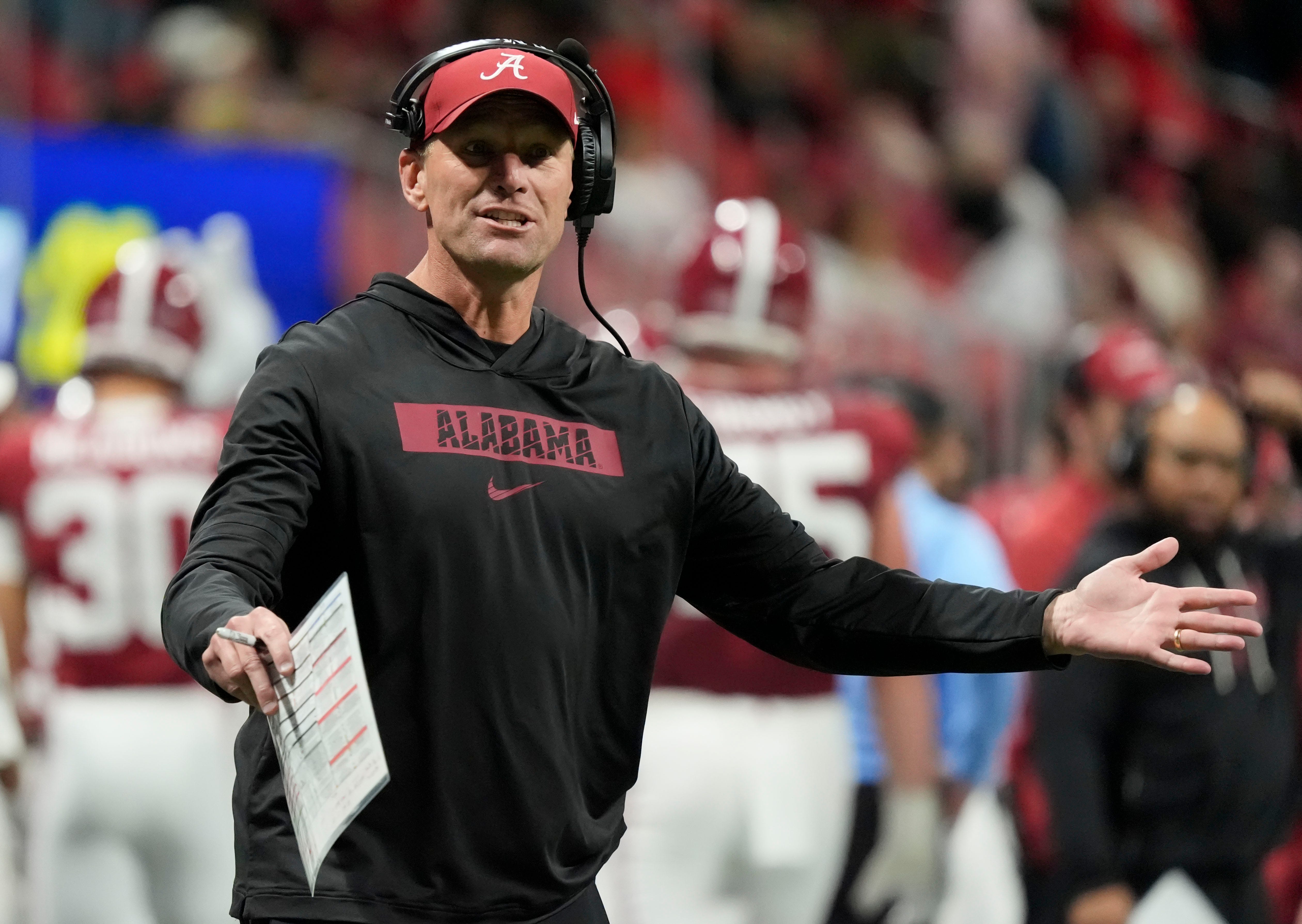 Dec 6, 2025; Atlanta, GA, USA; Alabama head coach Kalen DeBoer gestures on the sidelines after a dropped pass in the end zone against Georgia at Mercedes-Benz Stadium