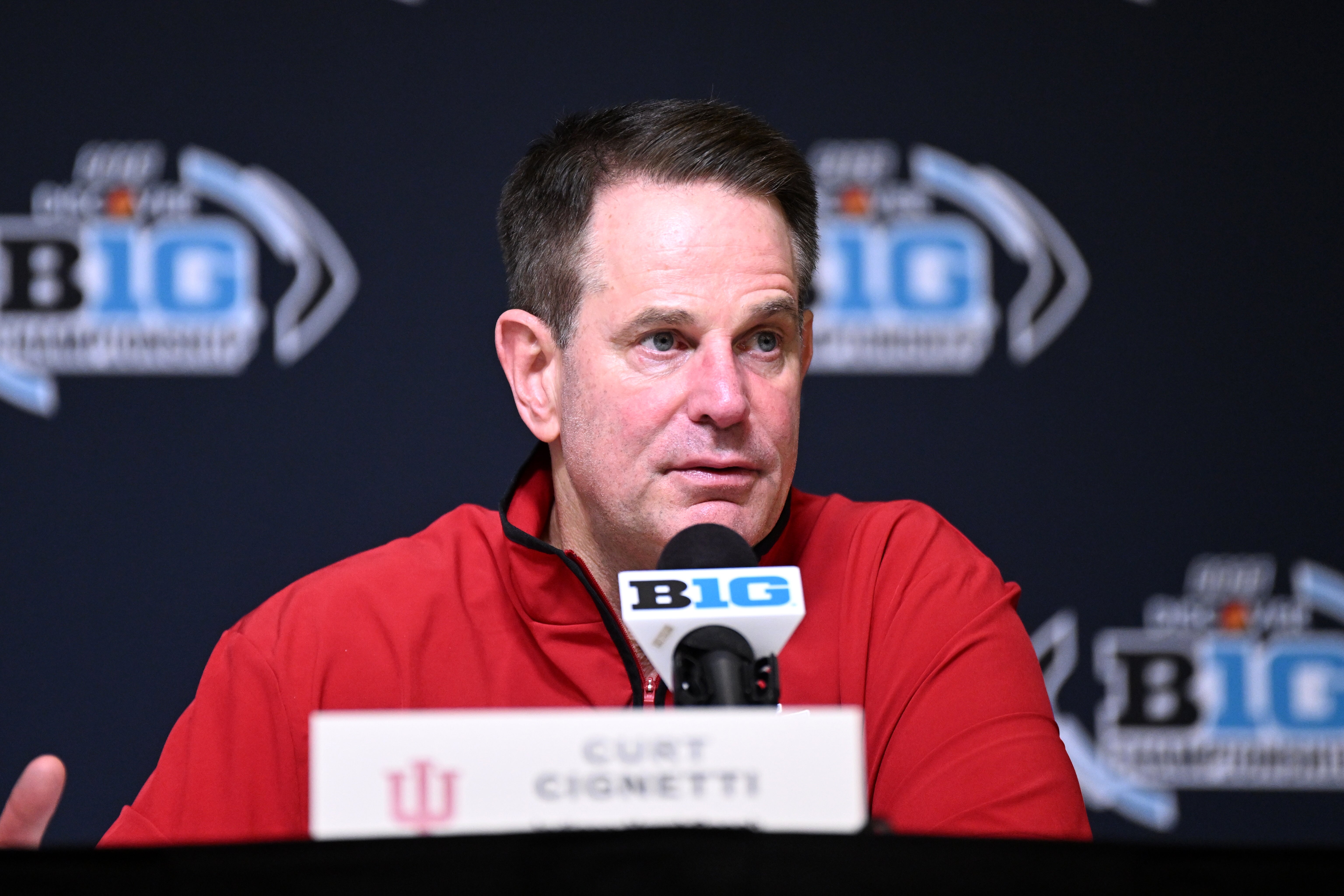 conference after defeating the Ohio State Buckeyes in the 2025 Big Ten championship game at Lucas Oil Stadium.