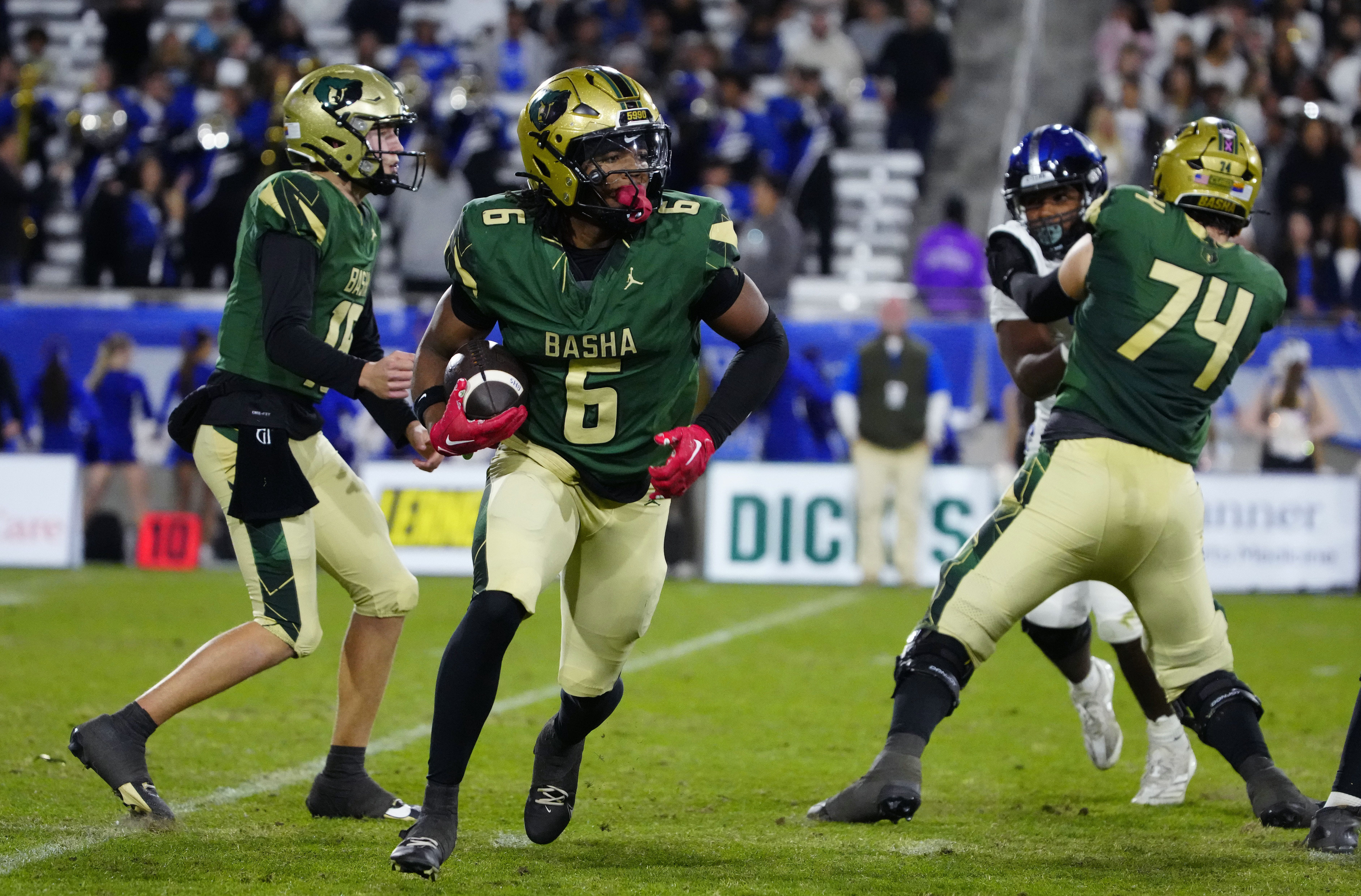 Basha running back Noah Roberts (6) runs against Chandler during the Open state championship at Mountain America Stadium in Tempe on Dec. 6, 2025.