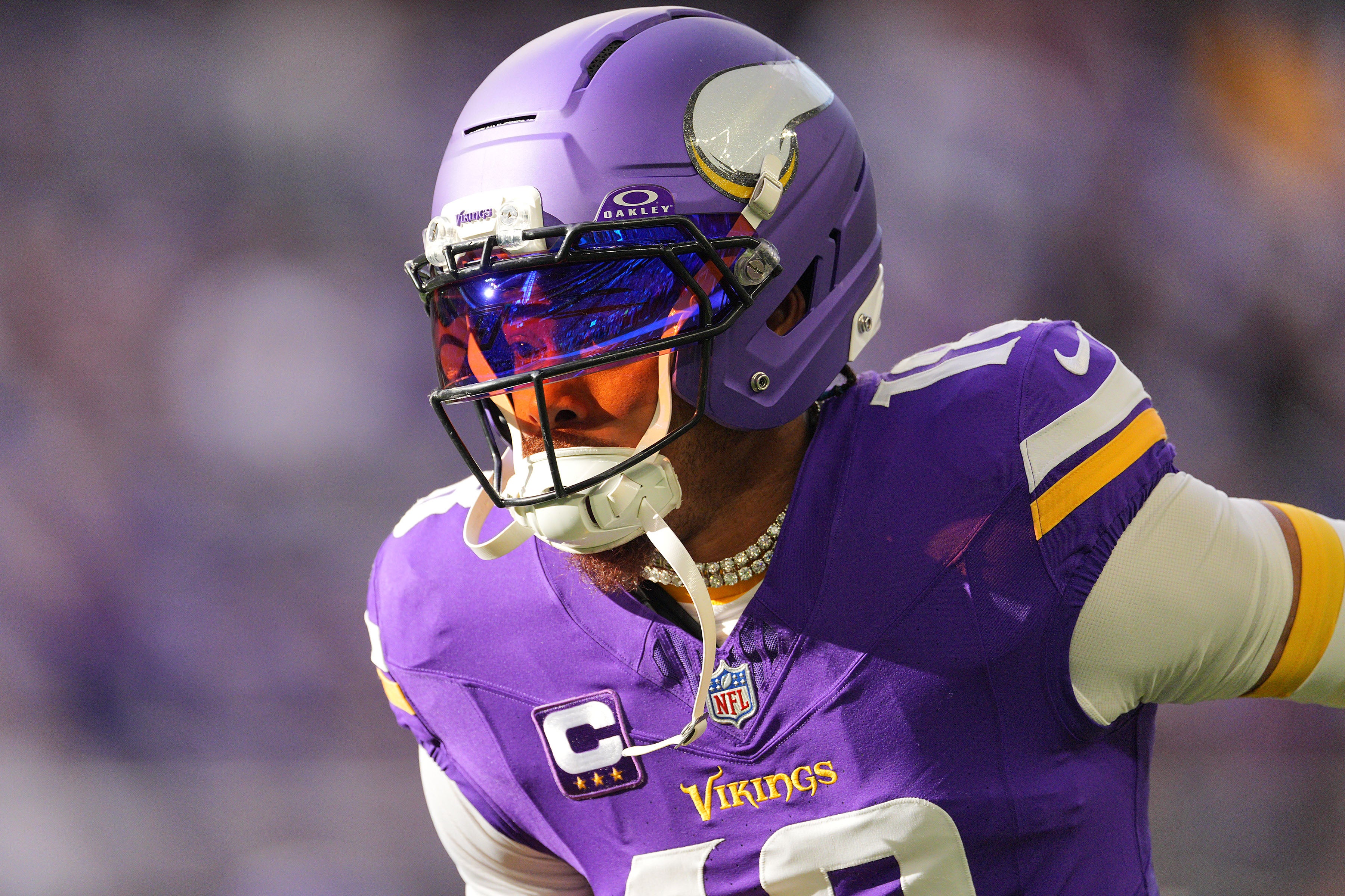 Dec 7, 2025; Minneapolis, Minnesota, USA; Minnesota Vikings wide receiver Justin Jefferson (18) practices before the game at U.S. Bank Stadium.