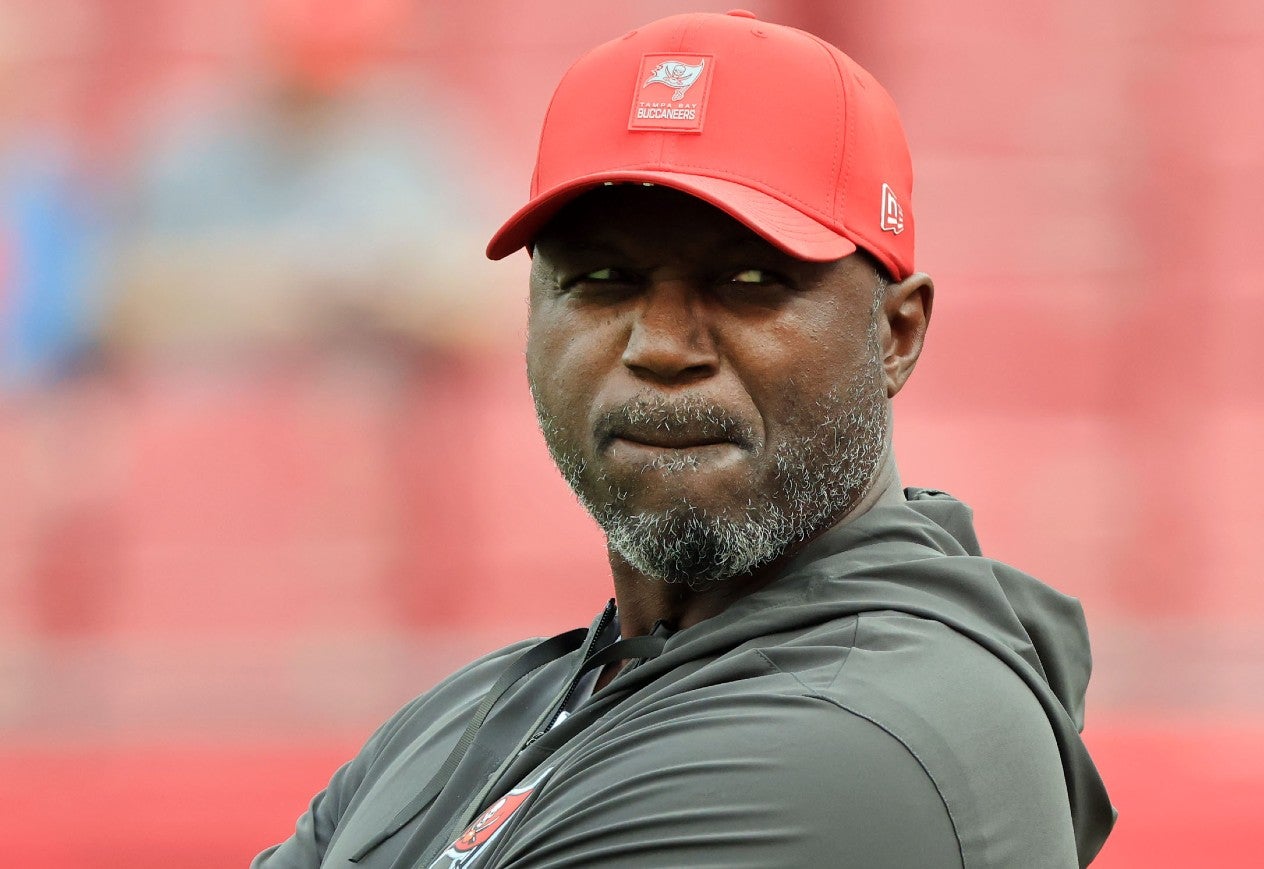 Dec 7, 2025; Tampa, Florida, USA; Tampa Bay Buccaneers head coach Todd Bowles prior to the game against the New Orleans Saints at Raymond James Stadium.