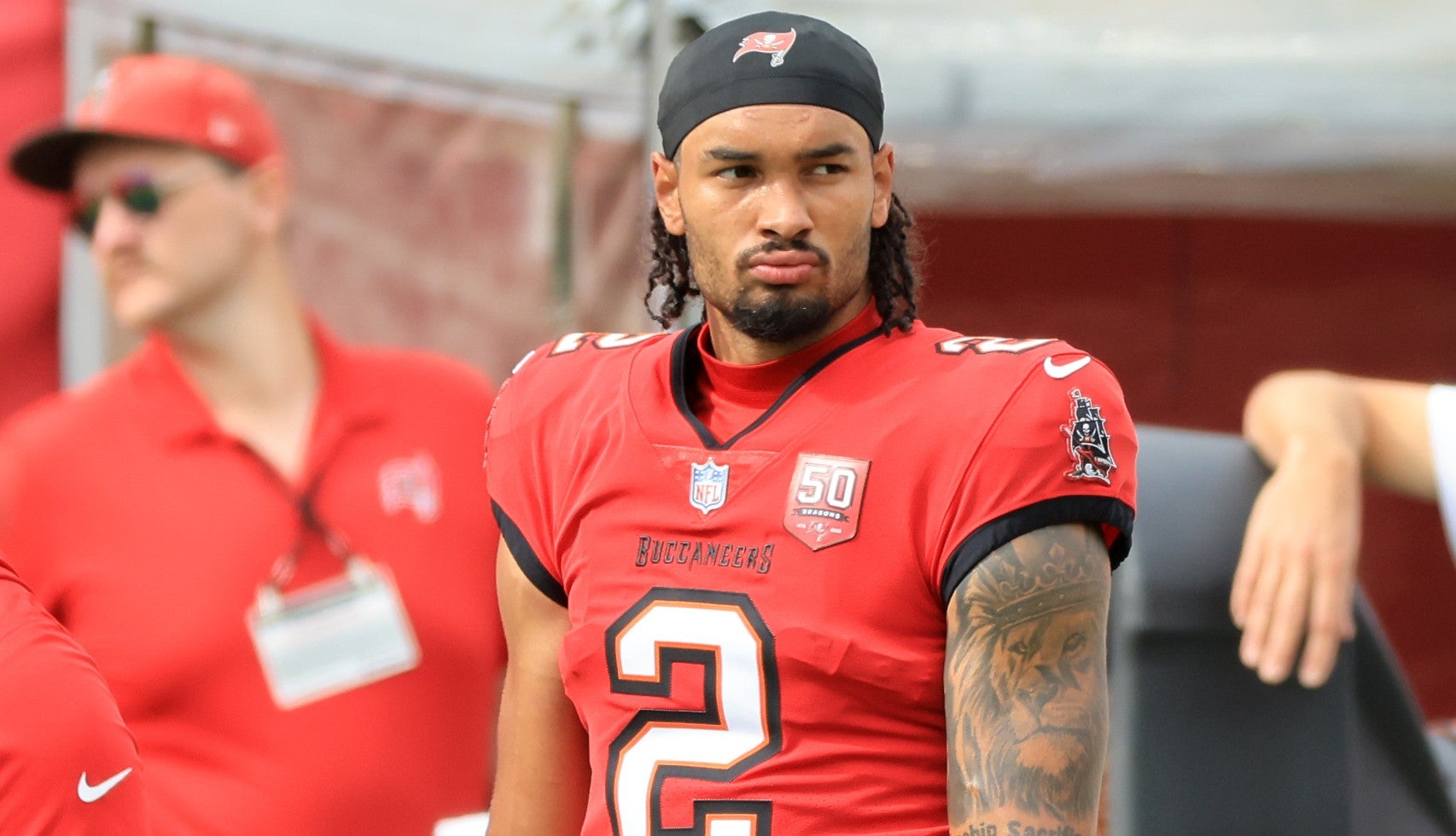 Dec 7, 2025; Tampa, Florida, USA; Tampa Bay Buccaneers wide receiver Emeka Egbuka (2) prior to the game against the New Orleans Saints at Raymond James Stadium.