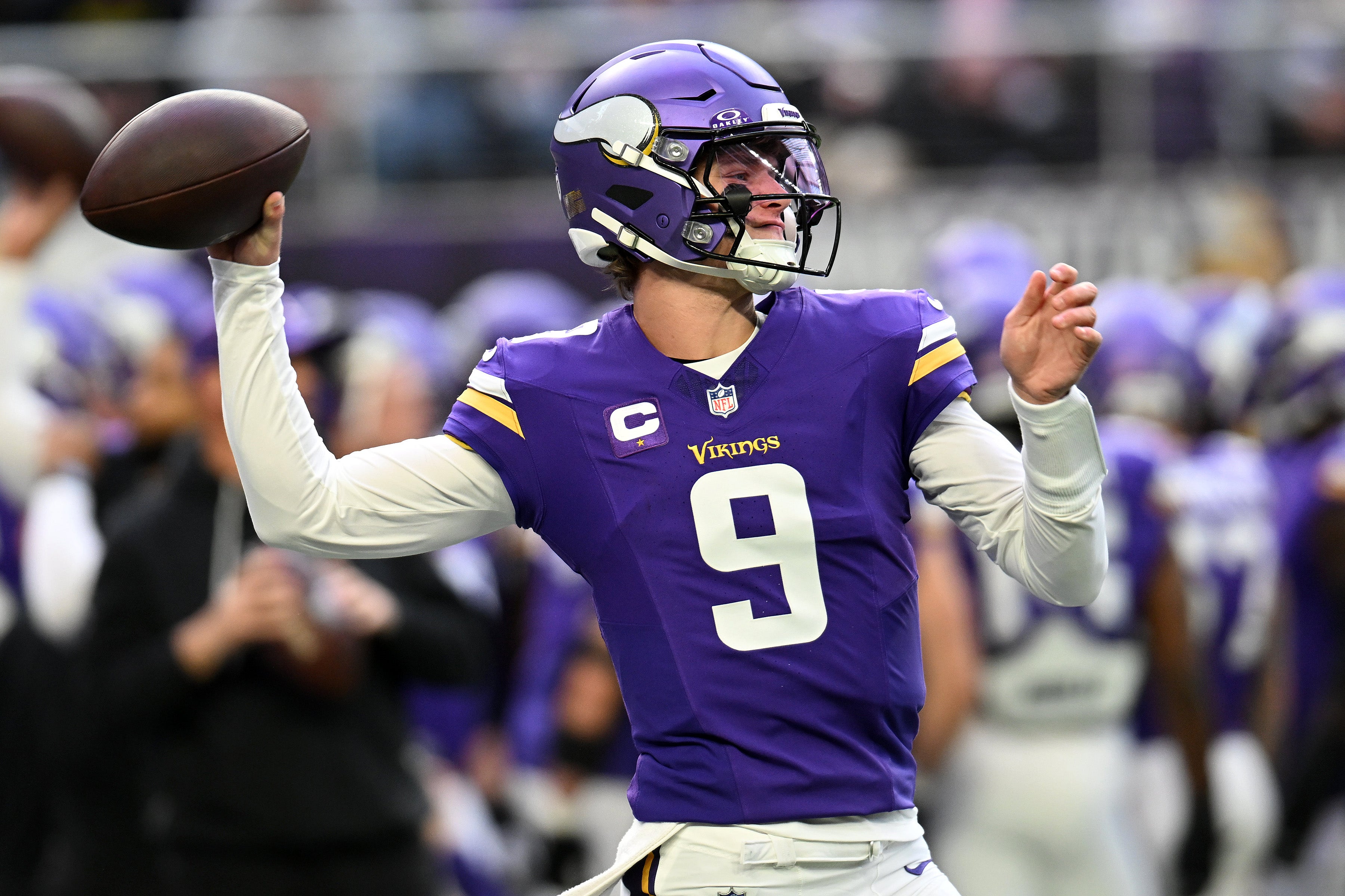 Dec 7, 2025; Minneapolis, Minnesota, USA; Minnesota Vikings quarterback J.J. McCarthy (9) practices before the game at U.S. Bank Stadium.