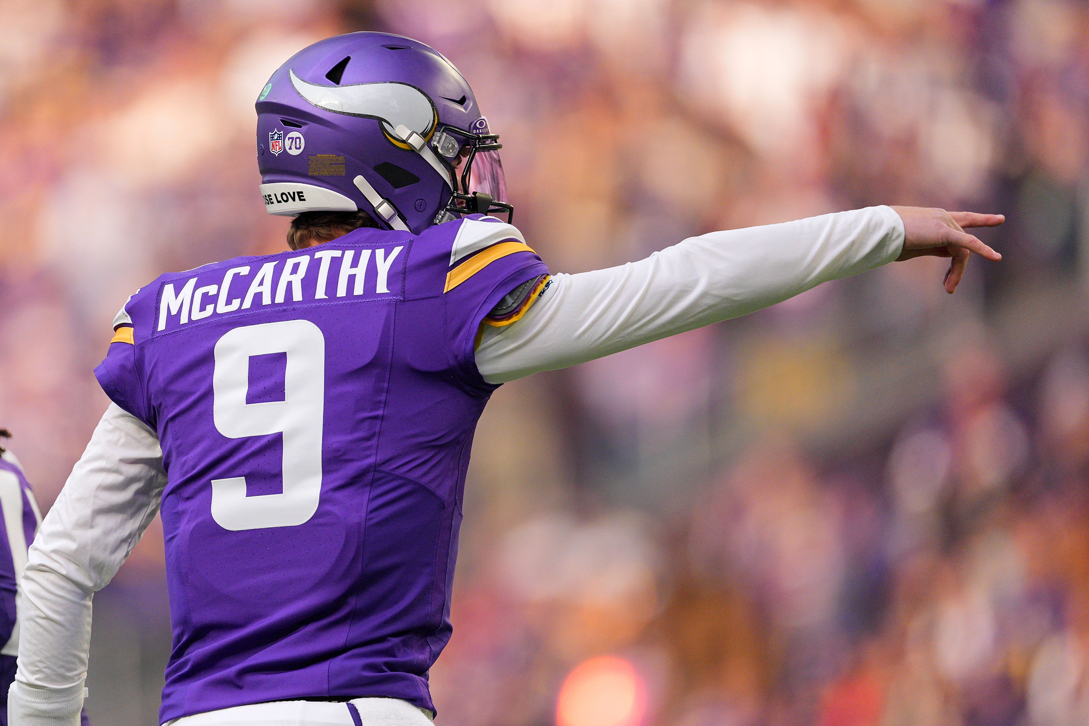 Dec 7, 2025; Minneapolis, Minnesota, USA; Minnesota Vikings quarterback J.J. McCarthy (9) during the first half at U.S. Bank Stadium.
