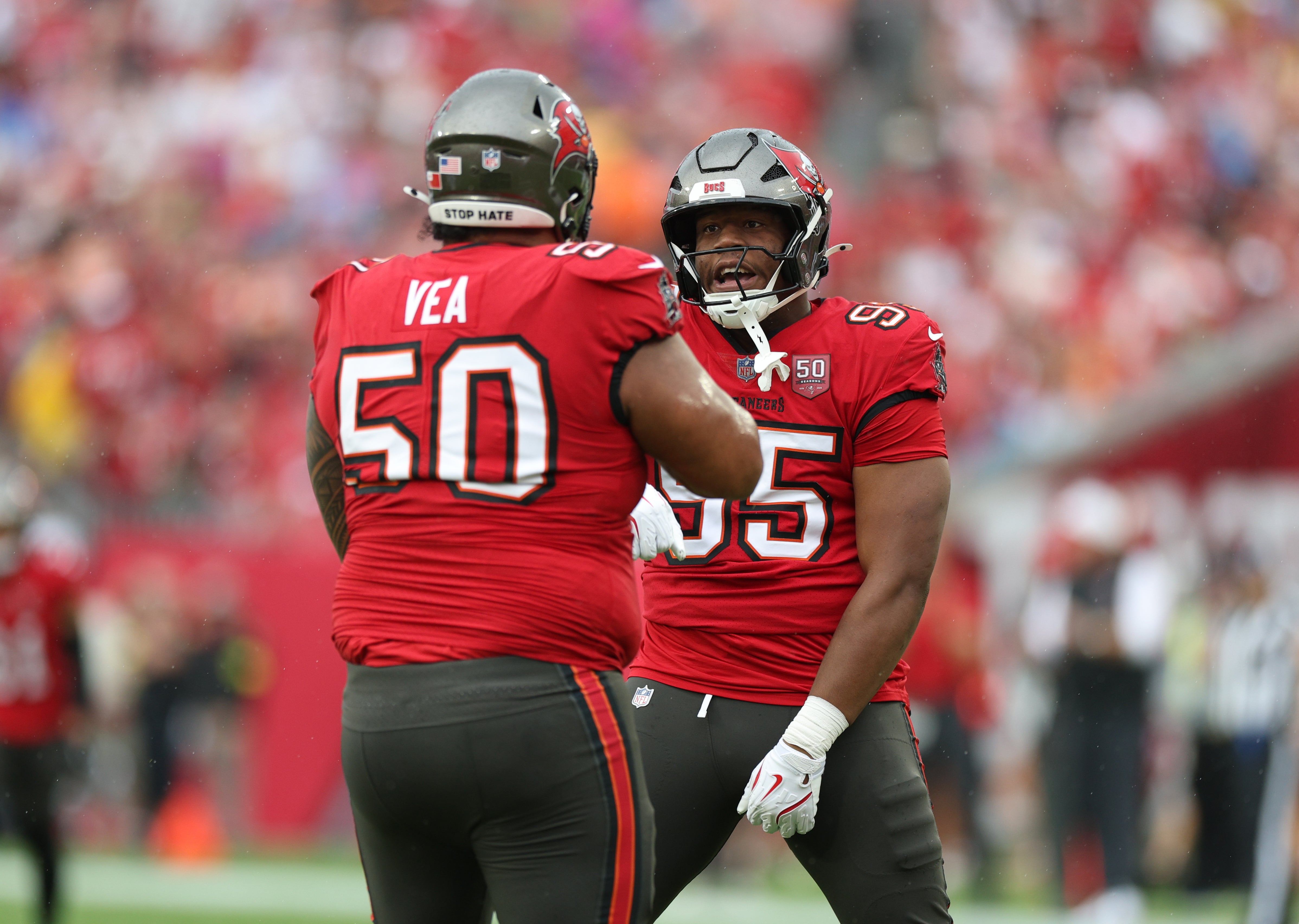Dec 7, 2025; Tampa, Florida, USA; Tampa Bay Buccaneers defensive tackle Vita Vea (50) and defensive end Elijah Roberts (95) react during the first quarter against the New Orleans Saints at Raymond James Stadium.