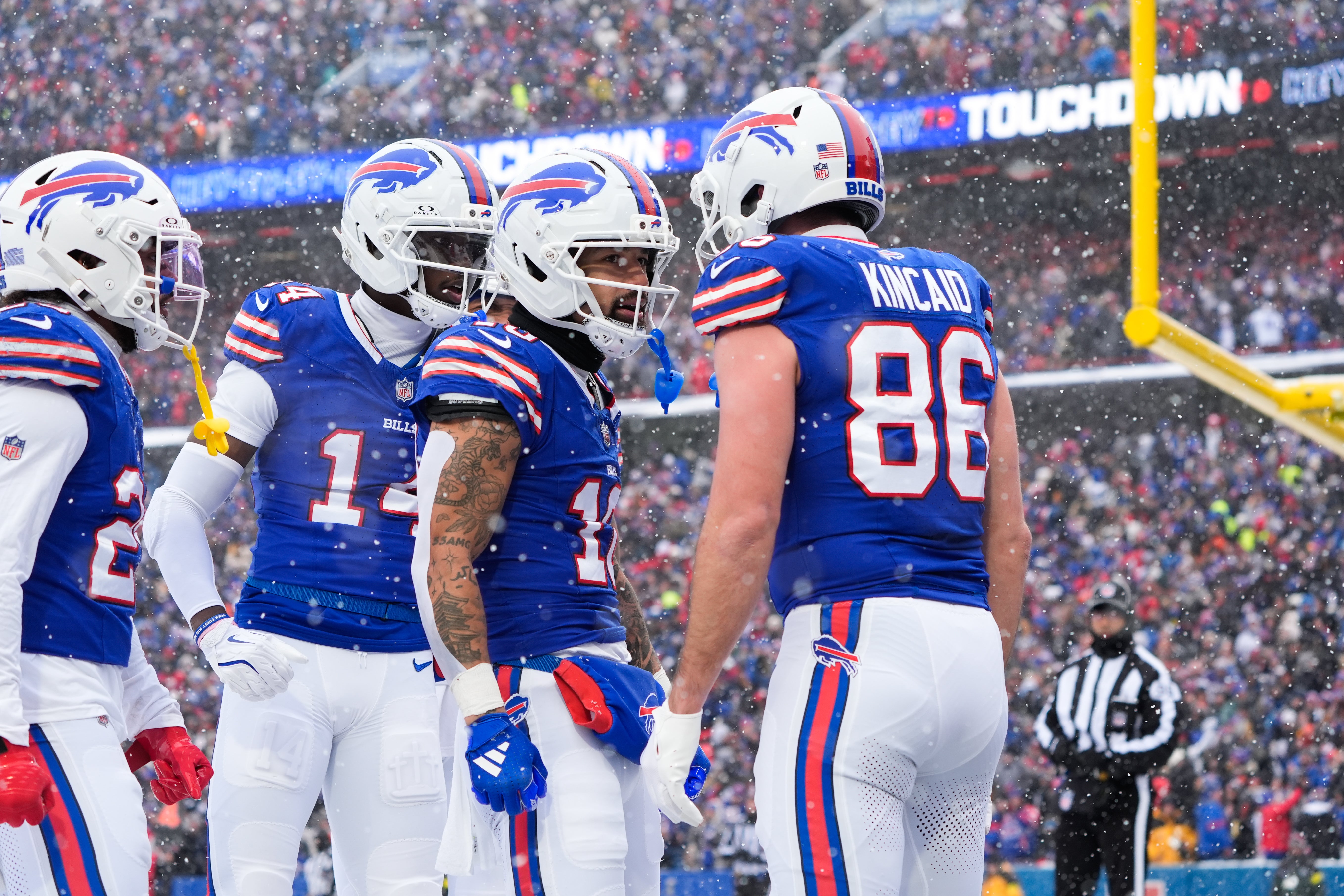 Dec 7, 2025; Orchard Park, New York, USA; Buffalo Bills wide receiver Khalil Shakir (10) celebrates a touchdown with tight end Dalton Kincaid (86) in the second quarter against the Cincinnati Bengals at Highmark Stadium.