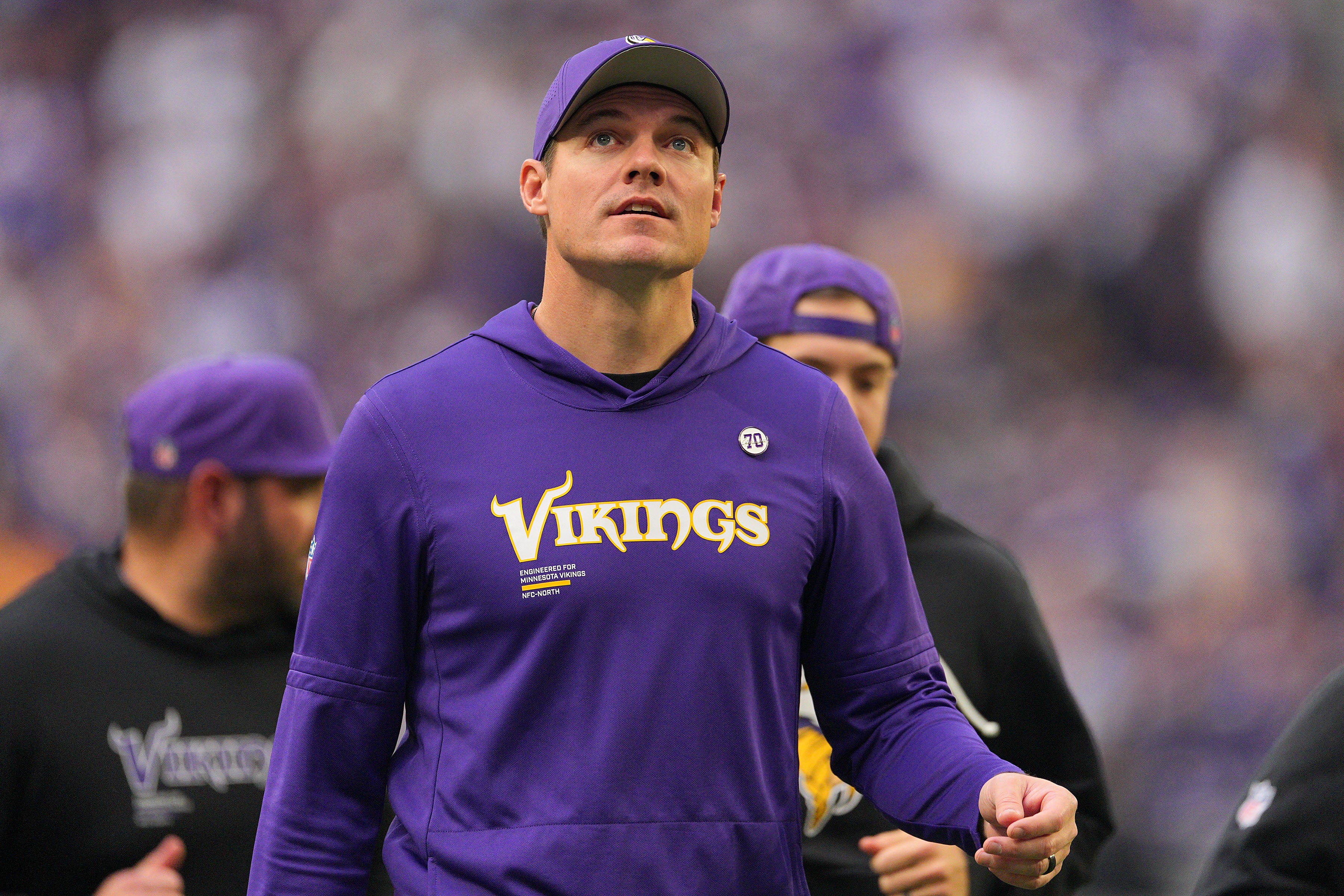 Dec 7, 2025; Minneapolis, Minnesota, USA; Minnesota Vikings head coach Kevin O'Connell during the first half at U.S. Bank Stadium.
