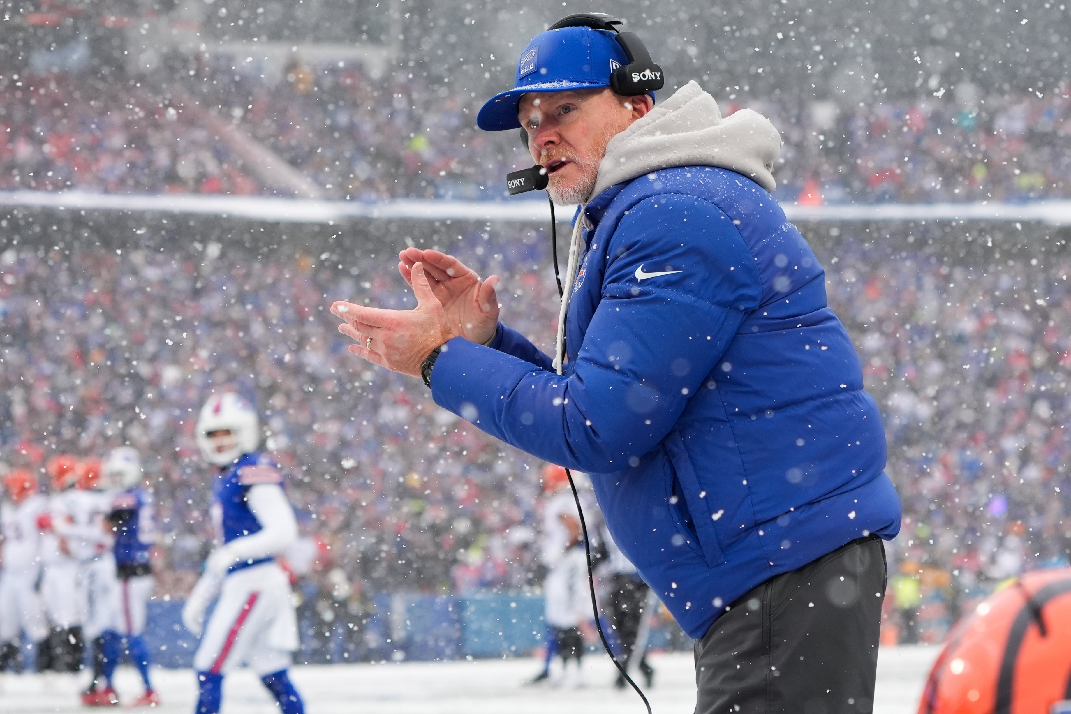Dec 7, 2025; Orchard Park, New York, USA; Buffalo Bills head coach Sean McDermott reacts in the second quarter against the Cincinnati Bengals at Highmark Stadium.