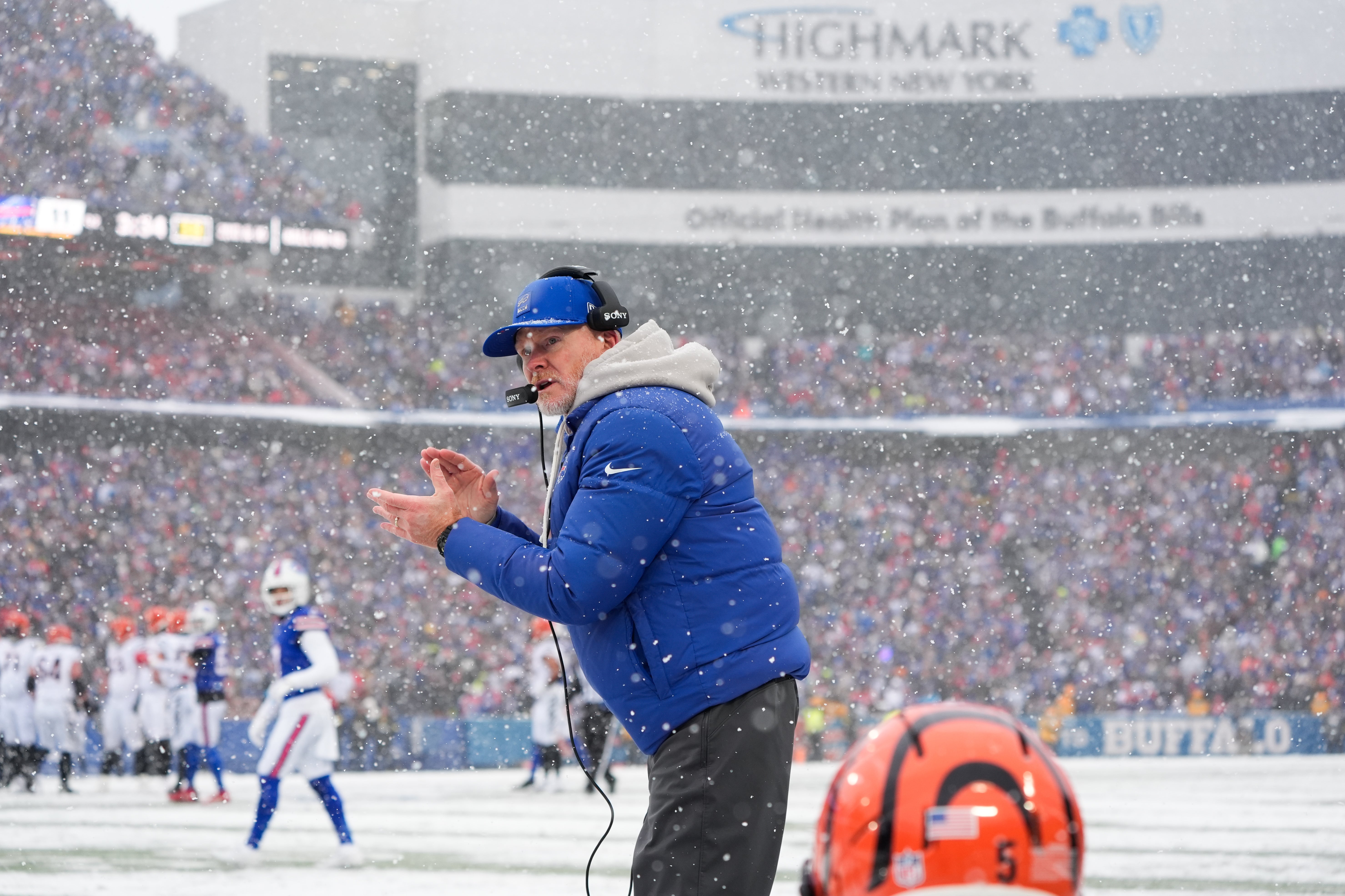 Dec 7, 2025; Orchard Park, New York, USA; Buffalo Bills head coach Sean McDermott reacts in the second quarter against the Cincinnati Bengals at Highmark Stadium.