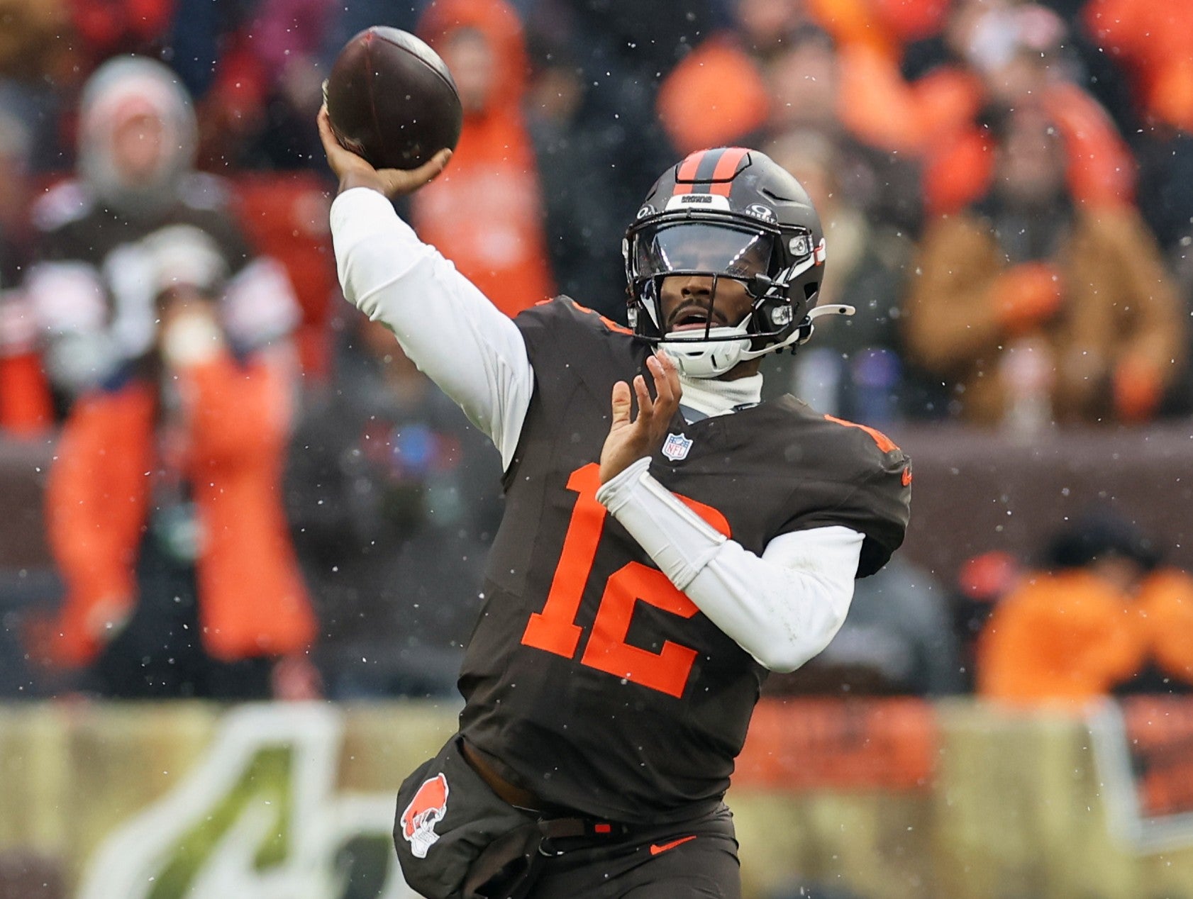 Dec 7, 2025; Cleveland, Ohio, USA; Cleveland Browns quarterback Shedeur Sanders (12) throws a pass against the Tennessee Titans during the second quarter at Huntington Bank Field.