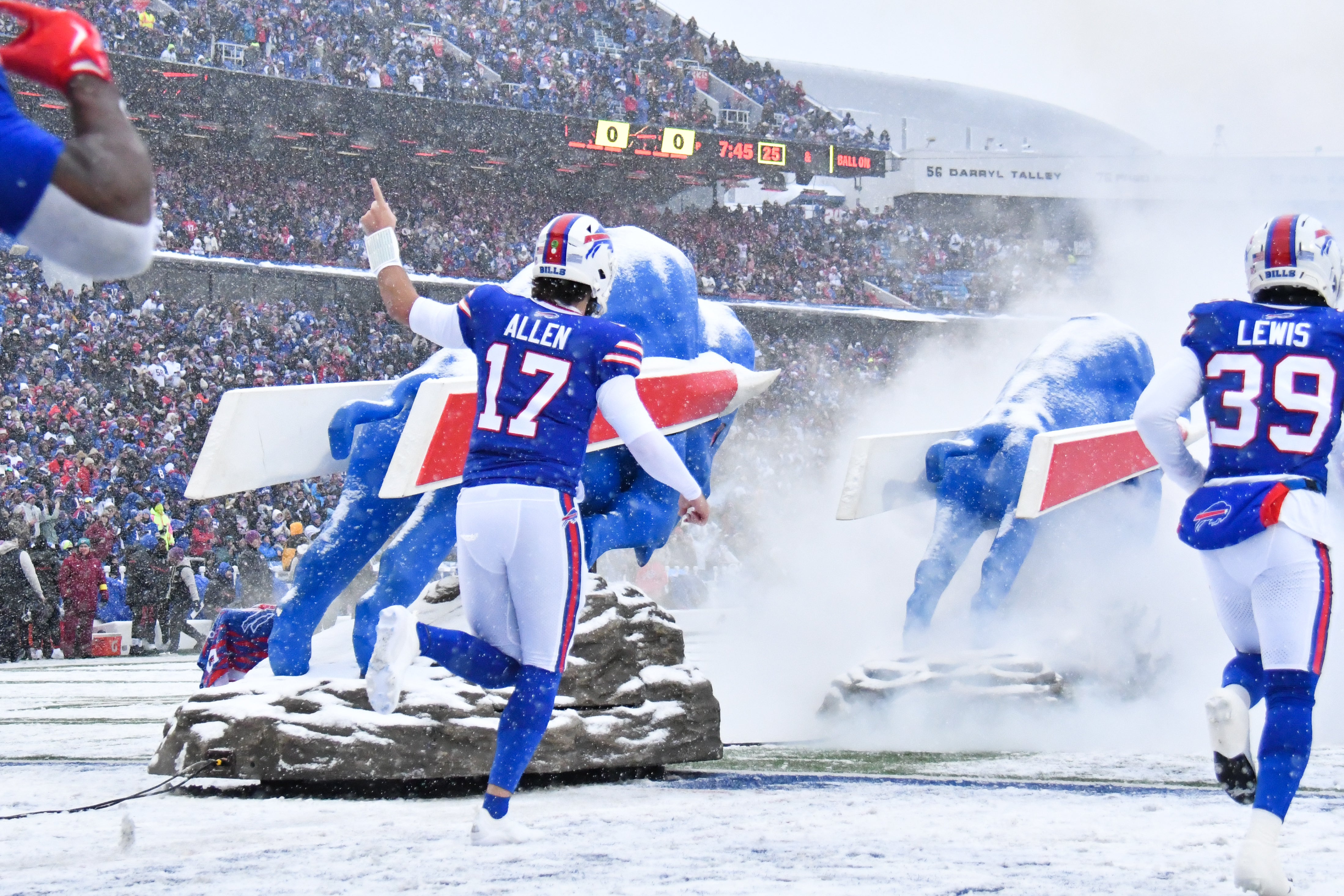 Dec 7, 2025; Orchard Park, New York, USA; Buffalo Bills quarterback Josh Allen (17) enters the field before the game against the Cincinnati Bengals at Highmark Stadium.