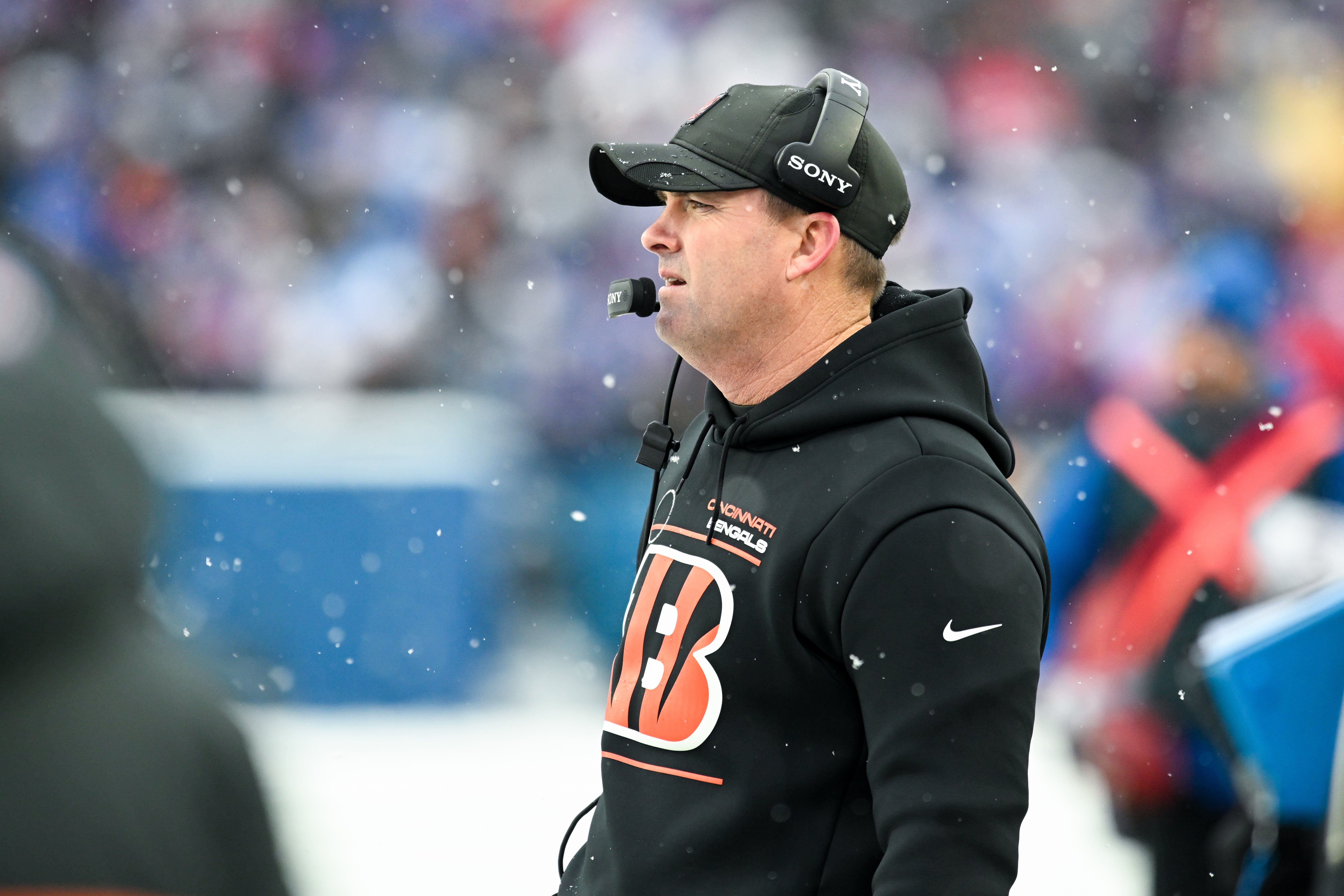 Dec 7, 2025; Orchard Park, New York, USA; Cincinnati Bengals head coach Zac Taylor looks on in the third quarter against the Buffalo Bills at Highmark Stadium.