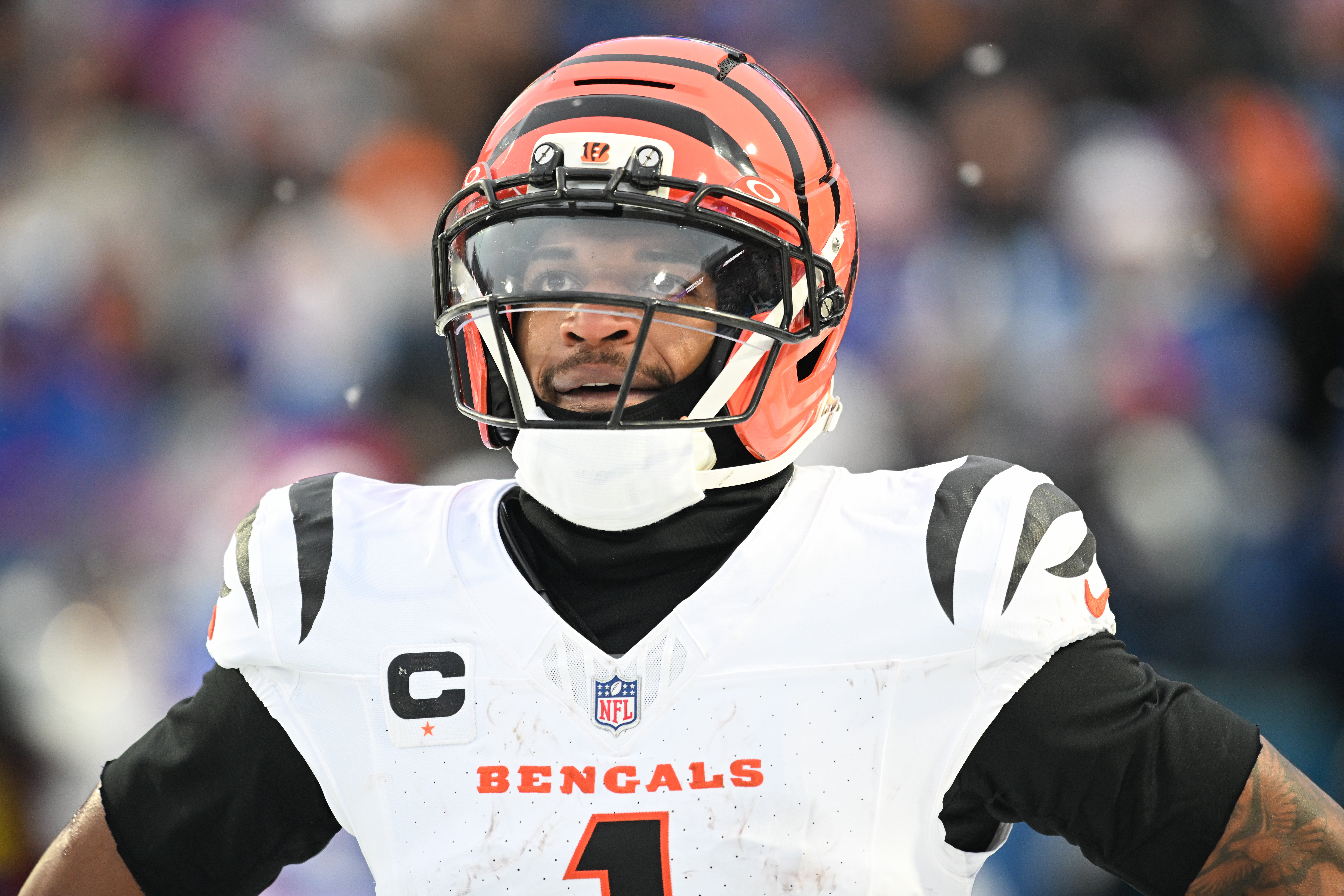 Dec 7, 2025; Orchard Park, New York, USA; Cincinnati Bengals wide receiver Ja'Marr Chase (1) looks on during the fourth quarter against the Buffalo Bills at Highmark Stadium.