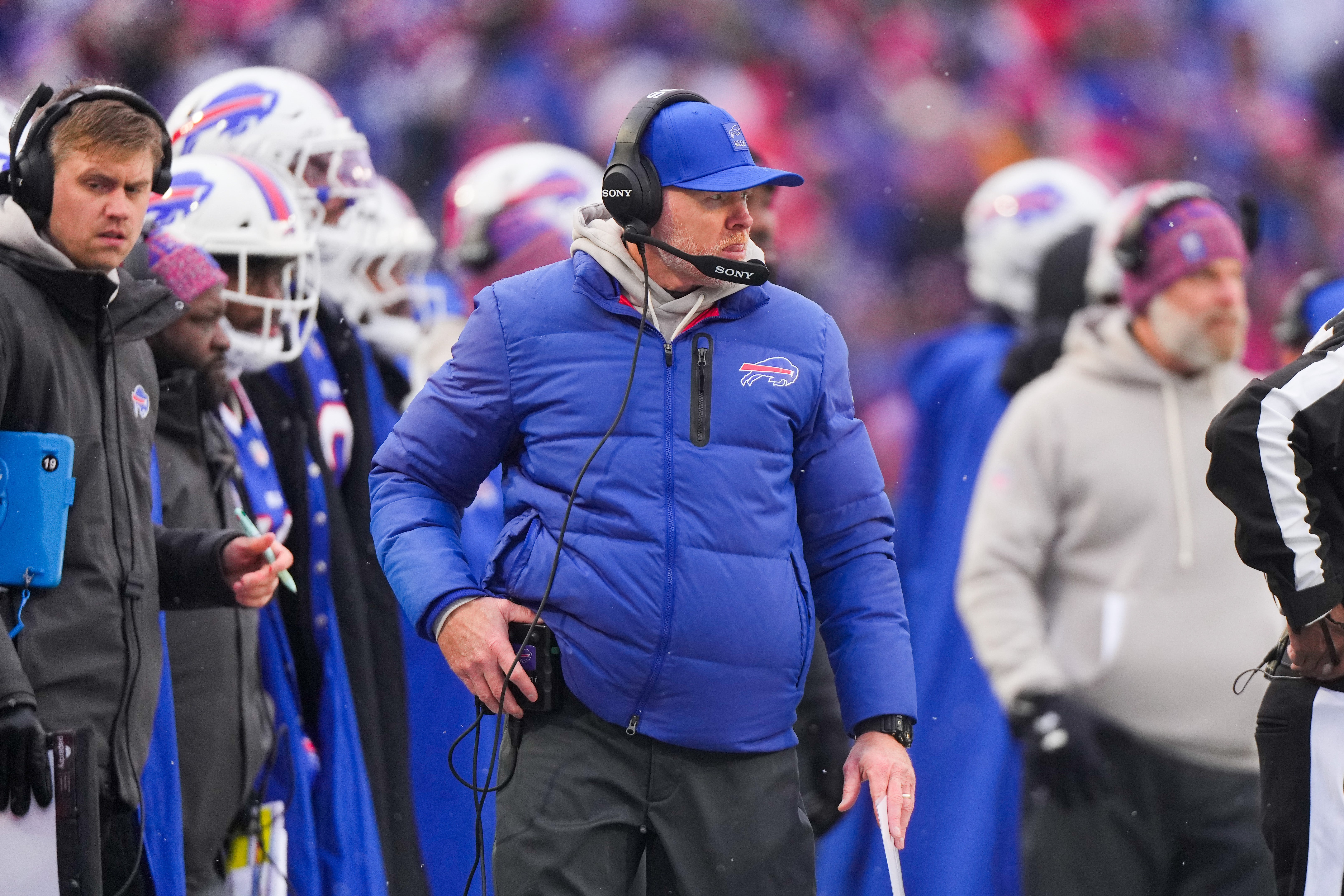 Dec 7, 2025; Orchard Park, New York, USA; Buffalo Bills head coach Sean McDermott looks on during the fourth quarter against the Cincinnati Bengals at Highmark Stadium.