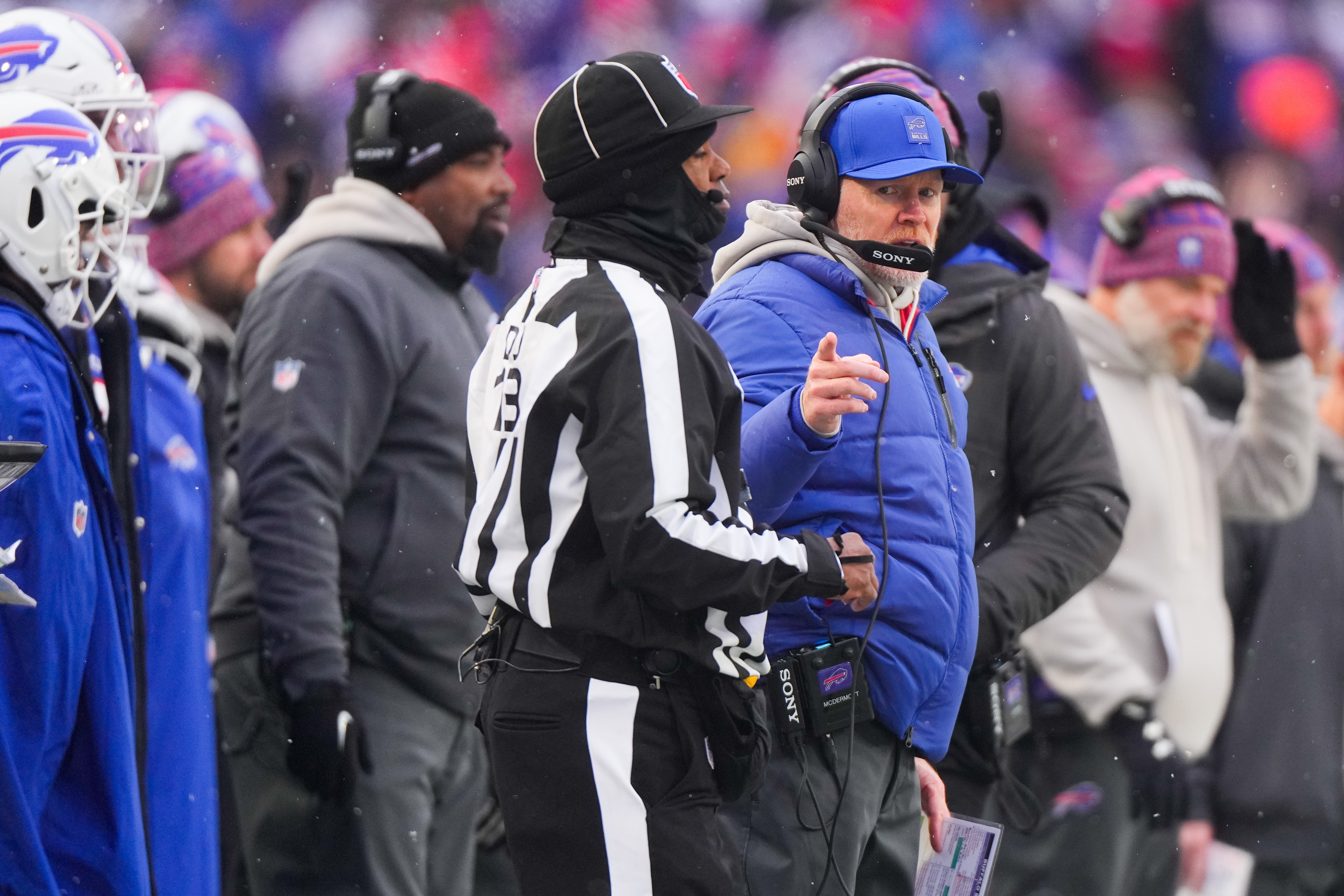 Dec 7, 2025; Orchard Park, New York, USA; Buffalo Bills head coach Sean McDermott looks on during the fourth quarter against the Cincinnati Bengals at Highmark Stadium.