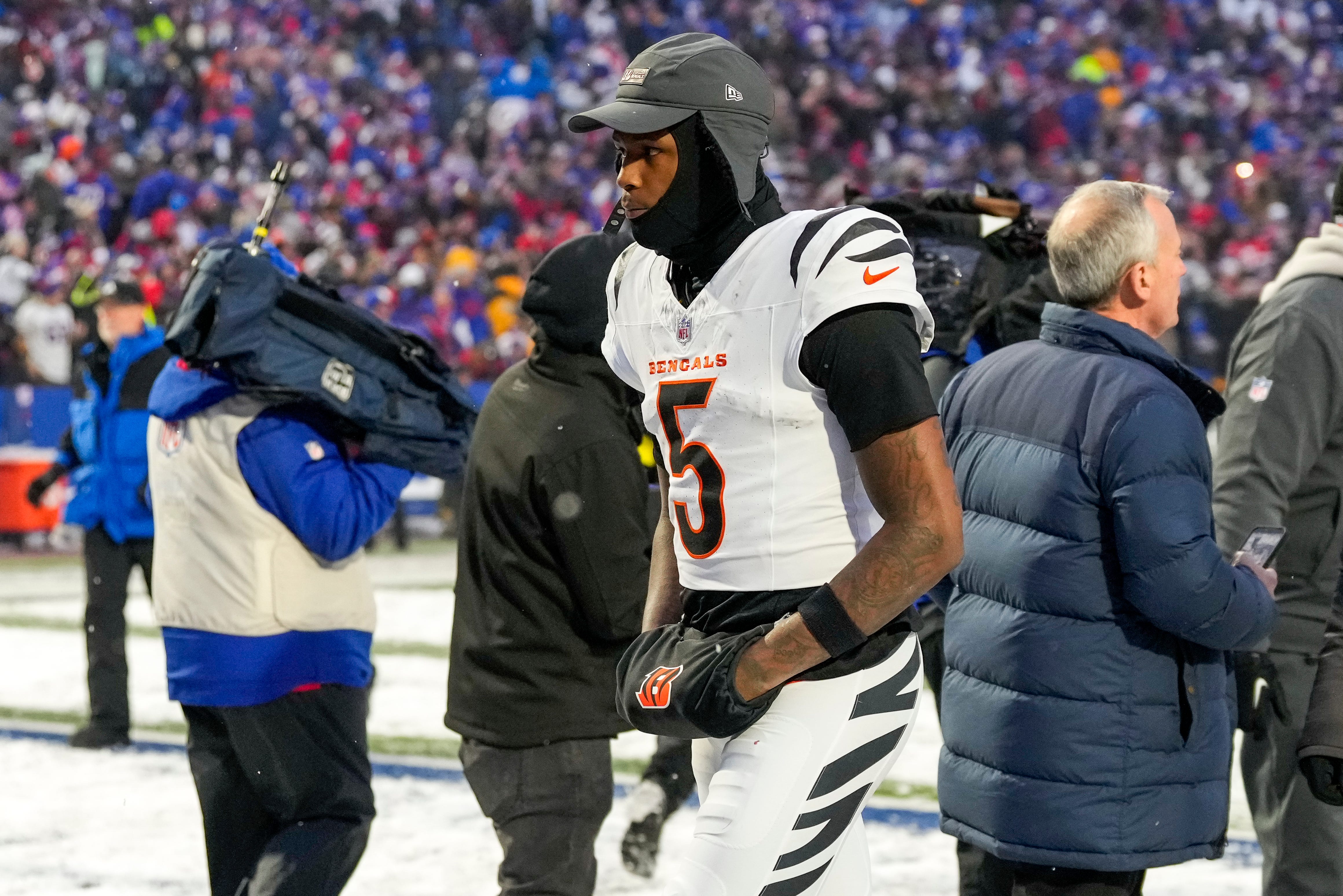 Cincinnati Bengals wide receiver Tee Higgins (5) walks for the locker room after the fourth quarter of the NFL Week 14 game between the Buffalo Bills and the Cincinnati Bengals at Highmark Stadium in Orchard Park, N.Y., on Sunday, Dec. 7, 2025. The Bills overcame a halftime deficit to win 39-34.