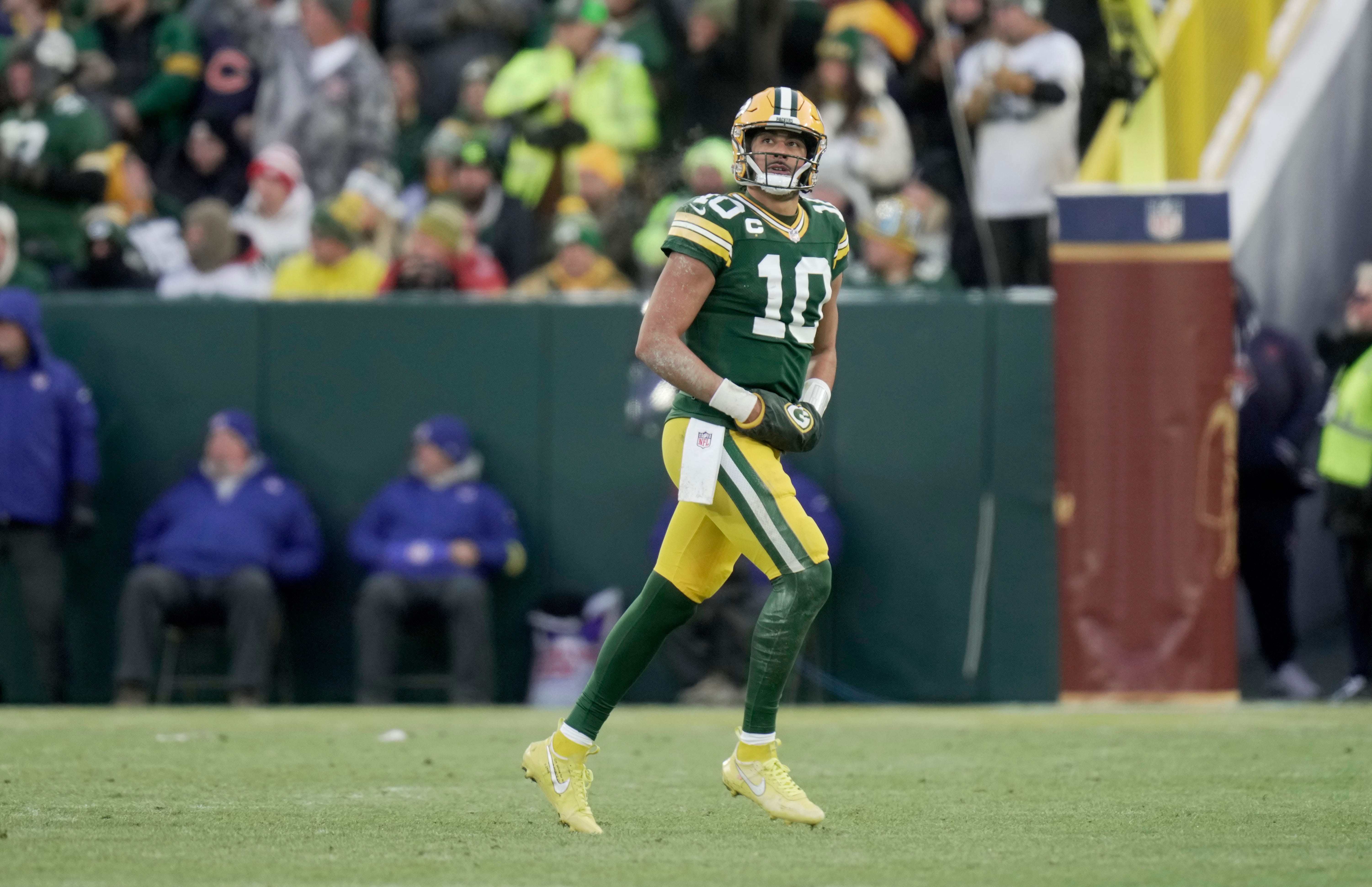 Green Bay Packers quarterback Jordan Love (10) looks at the scoreboard after throwing an interception during the first quarter of their game against the Chicago Bears Sunday, December 7, 2025 at Lambeau Field in Green Bay, Wisconsin.