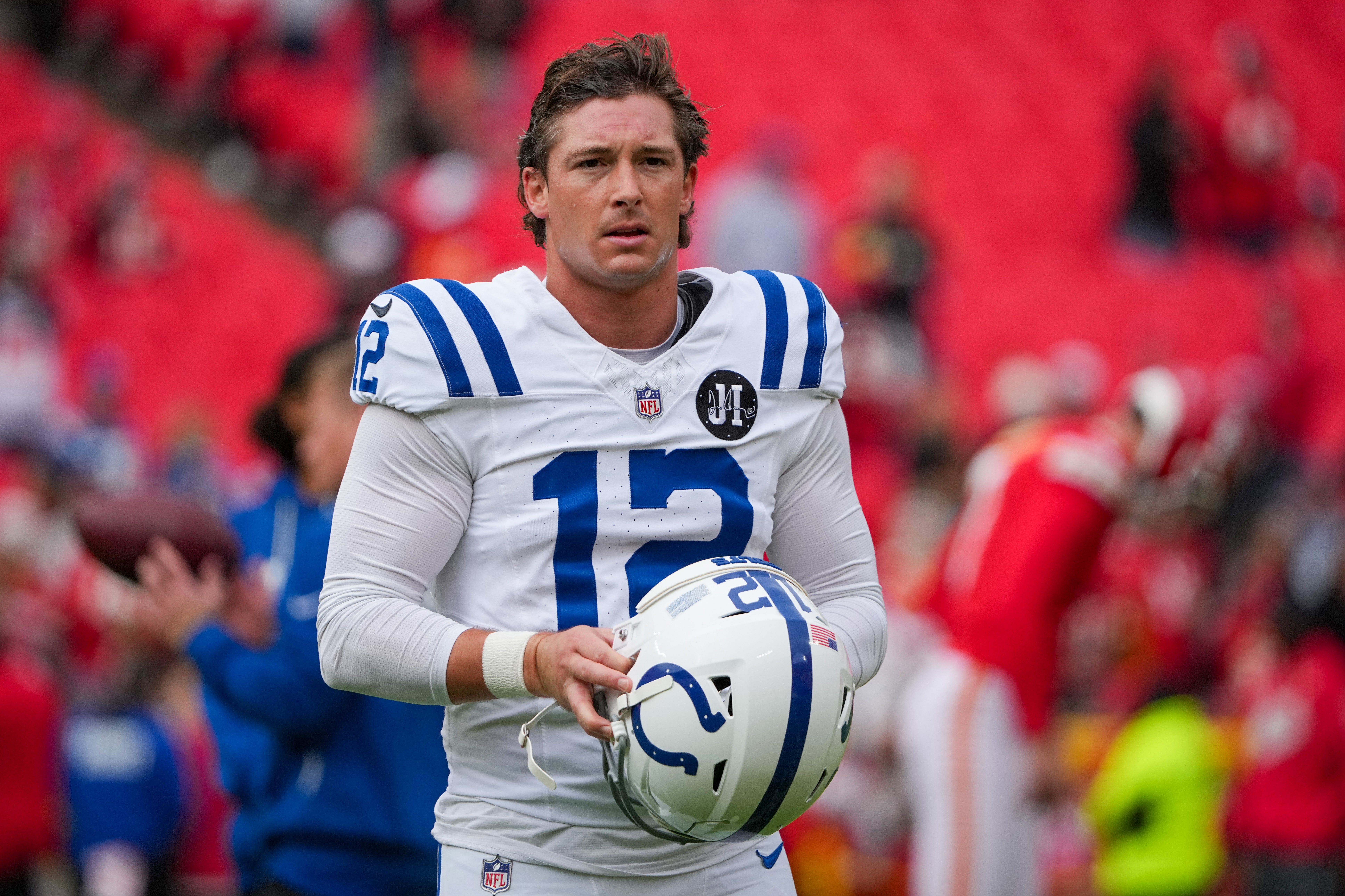 Nov 23, 2025; Kansas City, Missouri, USA; Indianapolis Colts kicker Michael Badgley (12) on field against the Kansas City Chiefs prior to a game at GEHA Field at Arrowhead Stadium.