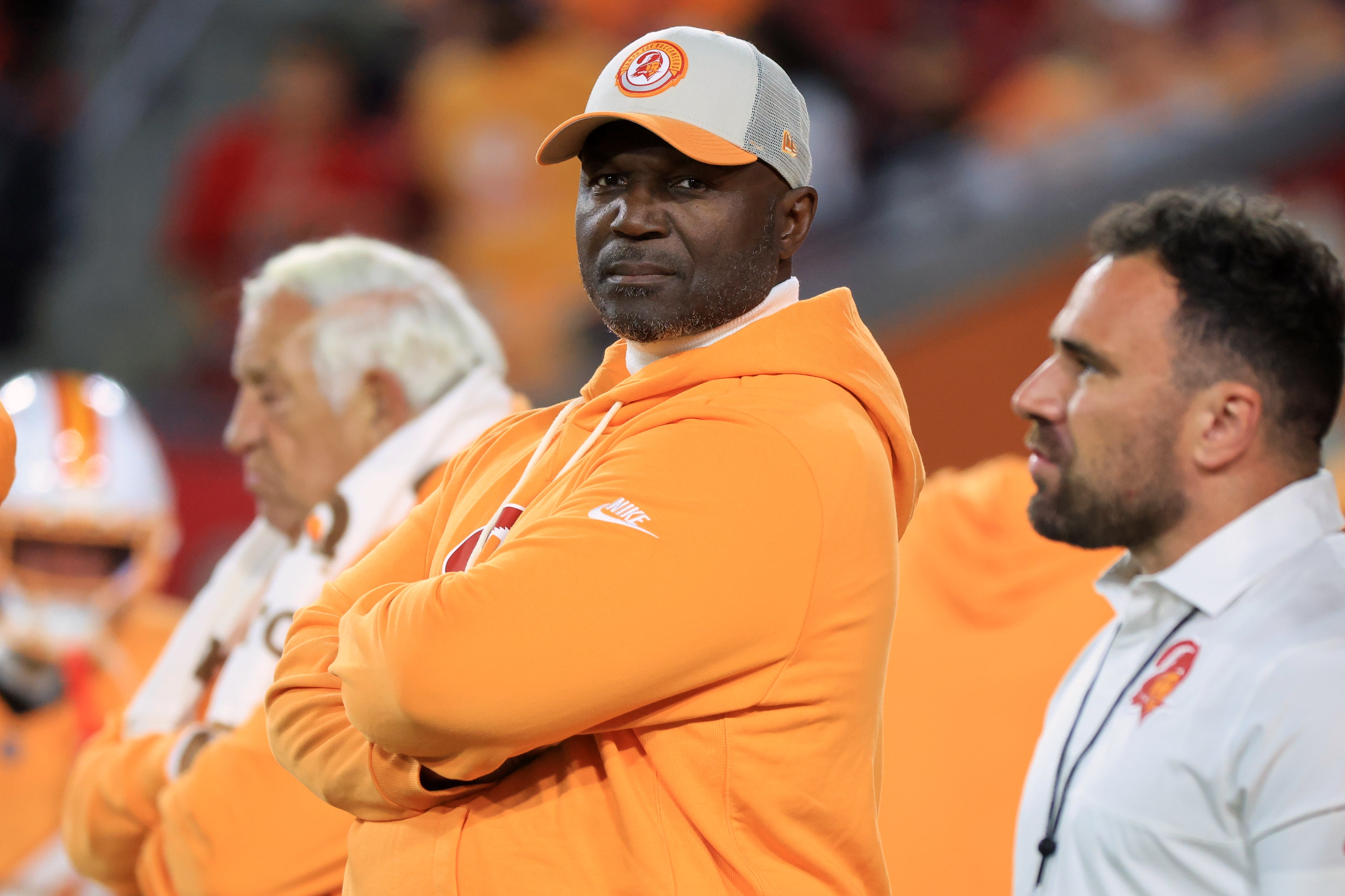 Dec 11, 2025; Tampa, Florida, USA; Tampa Bay Buccaneers head coach and defensive coordinator Todd Bowles looks on before the game against the Atlanta Falcons at Raymond James Stadium.