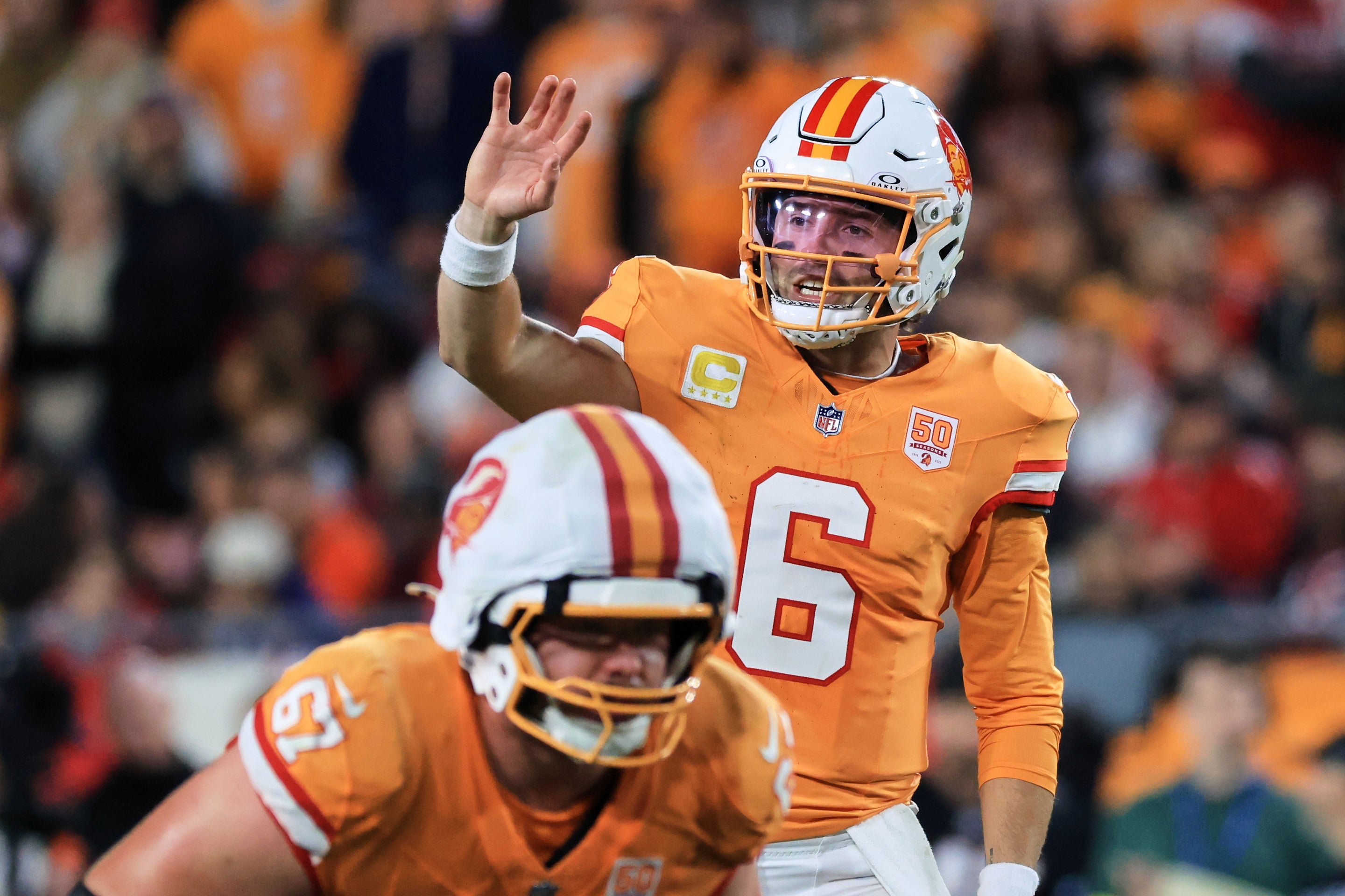 Dec 11, 2025; Tampa, Florida, USA; Tampa Bay Buccaneers quarterback Baker Mayfield (6) calls the snap count against the Atlanta Falcons during the second quarter at Raymond James Stadium.