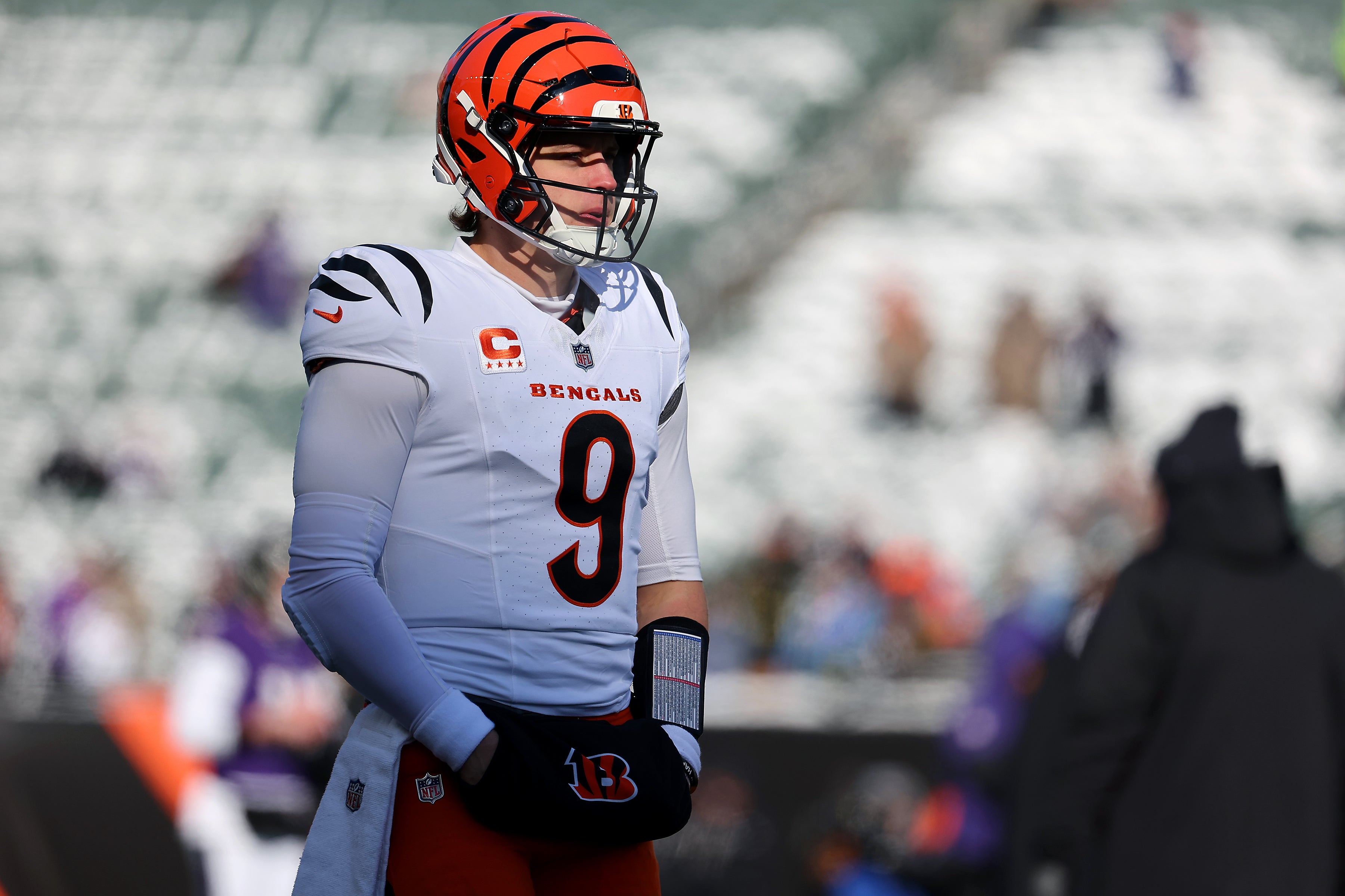 Dec 14, 2025; Cincinnati, Ohio, USA; Cincinnati Bengals quarterback Joe Burrow (9) warms up before the game against the Baltimore Ravens at Paycor Stadium.