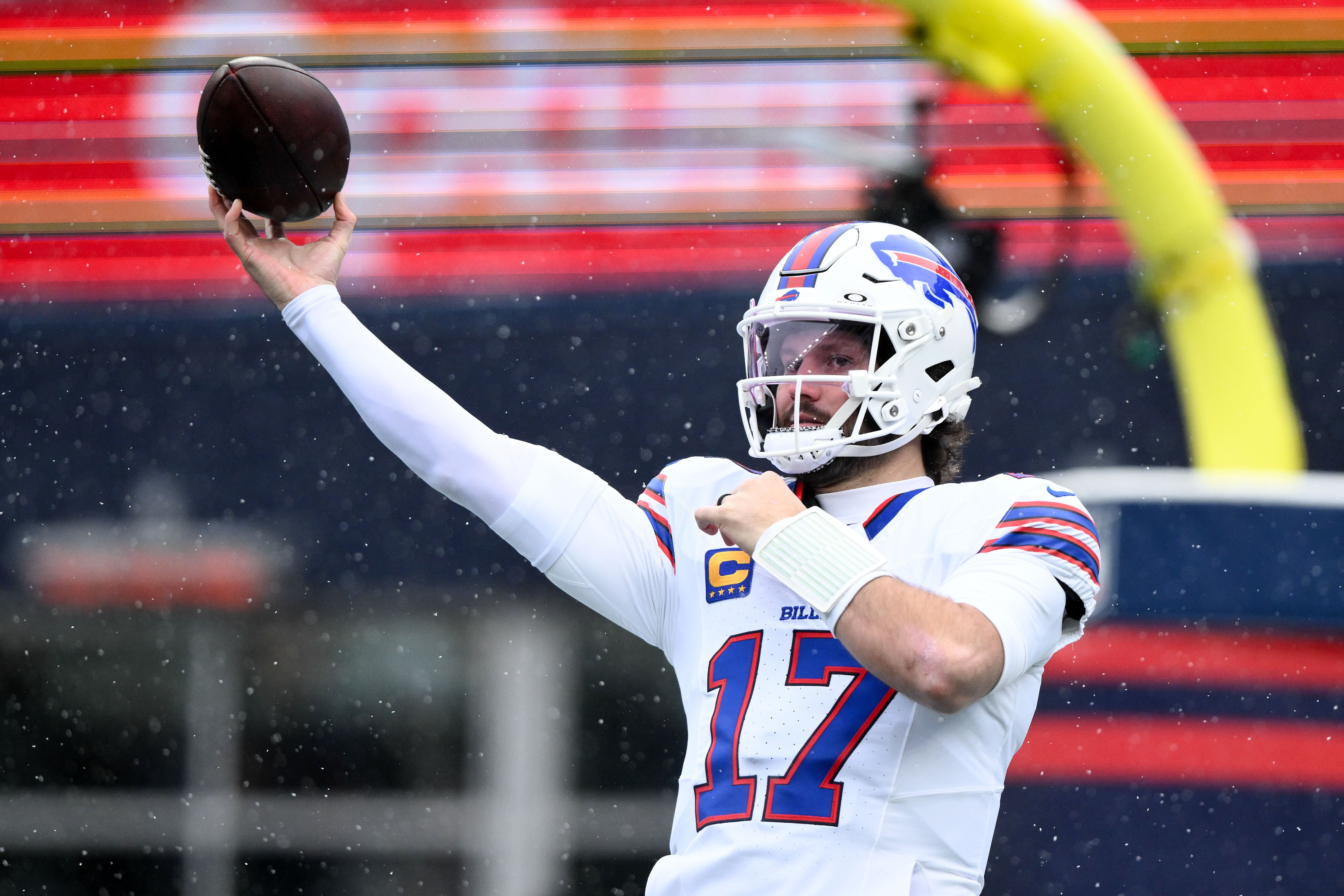 Dec 14, 2025; Foxborough, Massachusetts, USA; Buffalo Bills quarterback Josh Allen (17) warms up before game against the New England Patriots at Gillette Stadium.