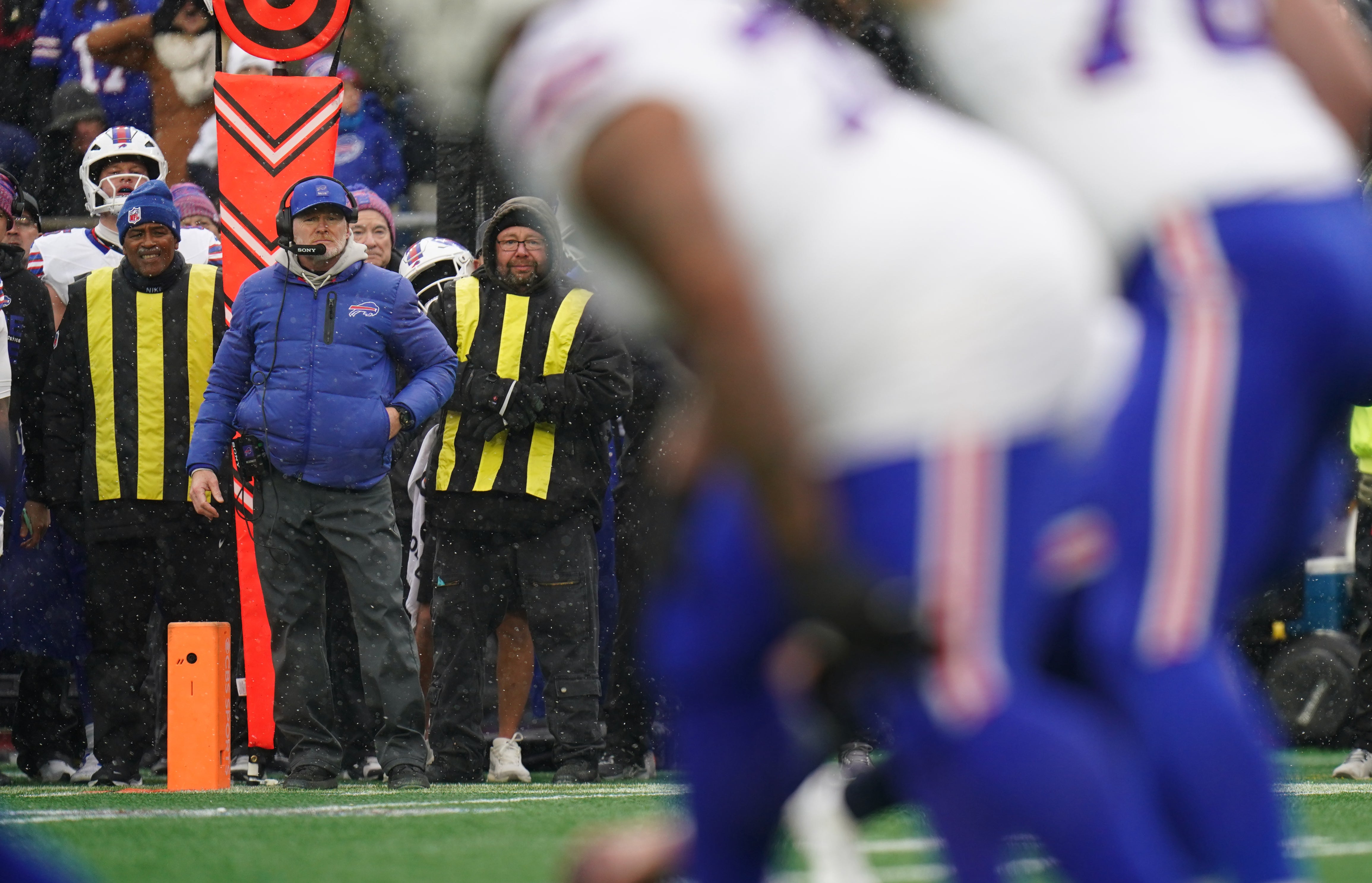 Dec 14, 2025; Foxborough, Massachusetts, USA; Buffalo Bills head coach Sean McDermott watches from the sideline as they take on the New England Patriots at Gillette Stadium.